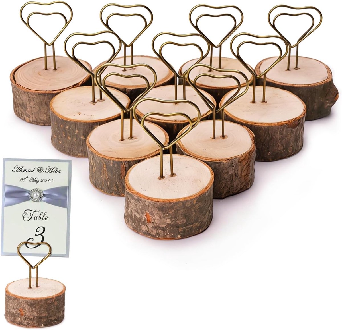 SnelShoppen - 10 stuks plaatskaart houders, rustieke houten tafelnummer houder met hart clips voor memo foto decoratieve clip voor bruiloften, feesten