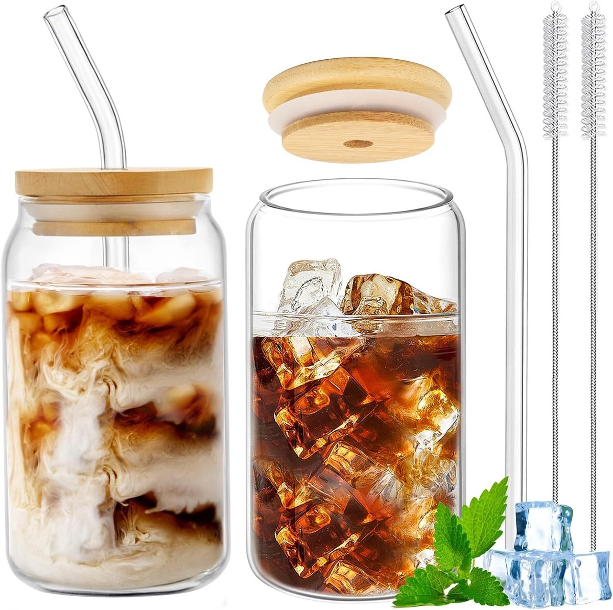 Set van 2 Herbruikbare Glazen met Lepel en Rietje, Inclusief Schoonmaakborstel, 500 ml, Perfect voor Koffie, Smoothies en Cocktails