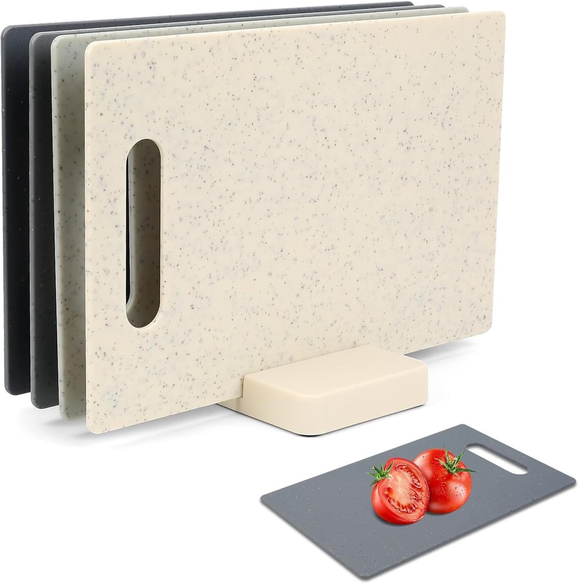 Set van 4 Snijplanken met Houder (28,2 x 18,3 cm) - Kunststof Keukenplanken met Antislip Voeten, Vaatwasserbestendig, Grijs en Beige, Ideaal voor Koken en Bereiden van Maaltijden