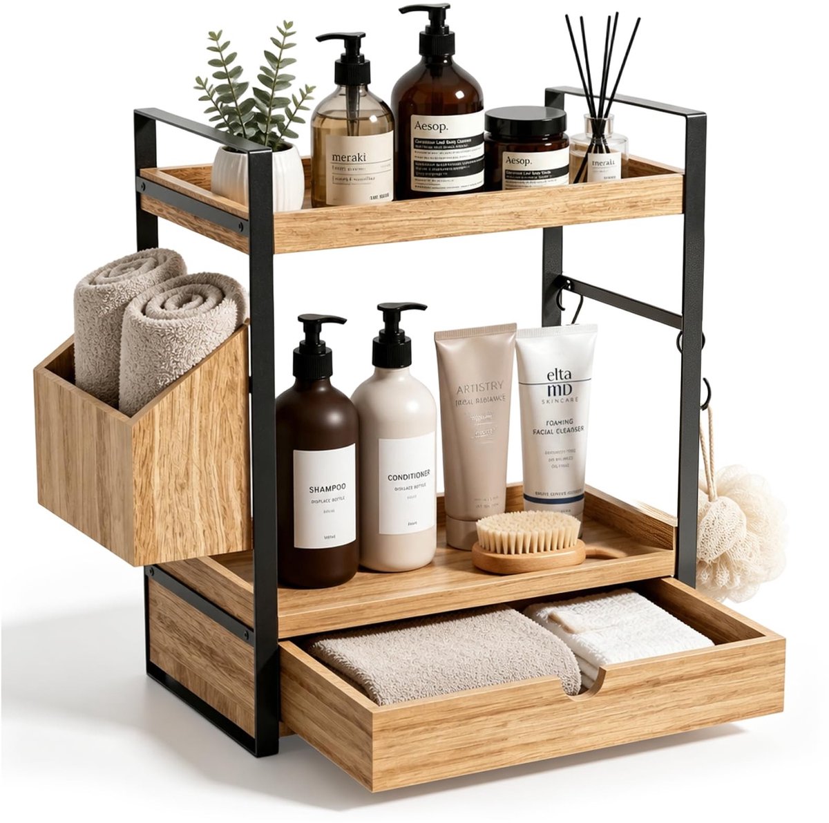 Badkamerorganizer 2 verdiepingen - houten rek met metalen frame - laden en manden - ruimtebesparend opbergrek - ShopVlot