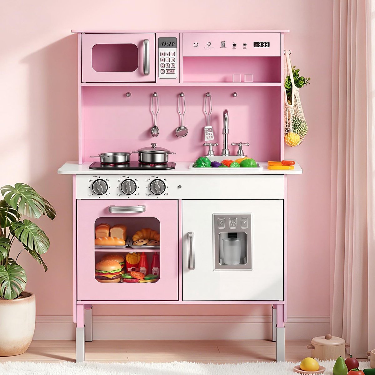 Omgoods - Houten Kinderkeuken met Lichten en Geluiden - Speelset voor Kinderen 3-8 Jaar, Roze