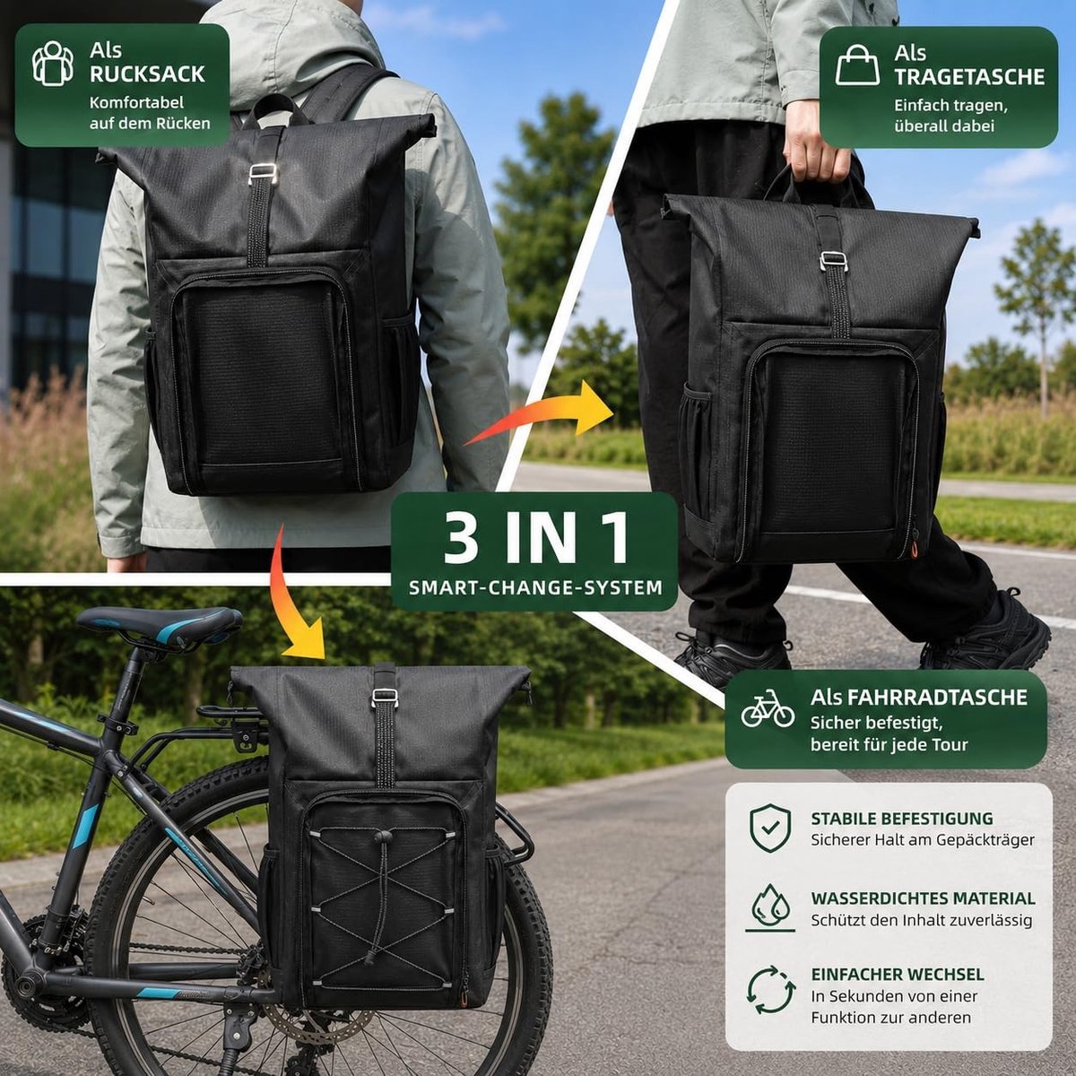 Omgoods - 3-in-1 Fietstas voor Pannier Rack, 28 Liter