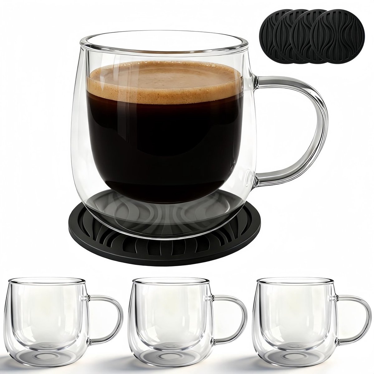 Omgoods - Set van 4 Dubbelwandige Glazen Koffiemokken