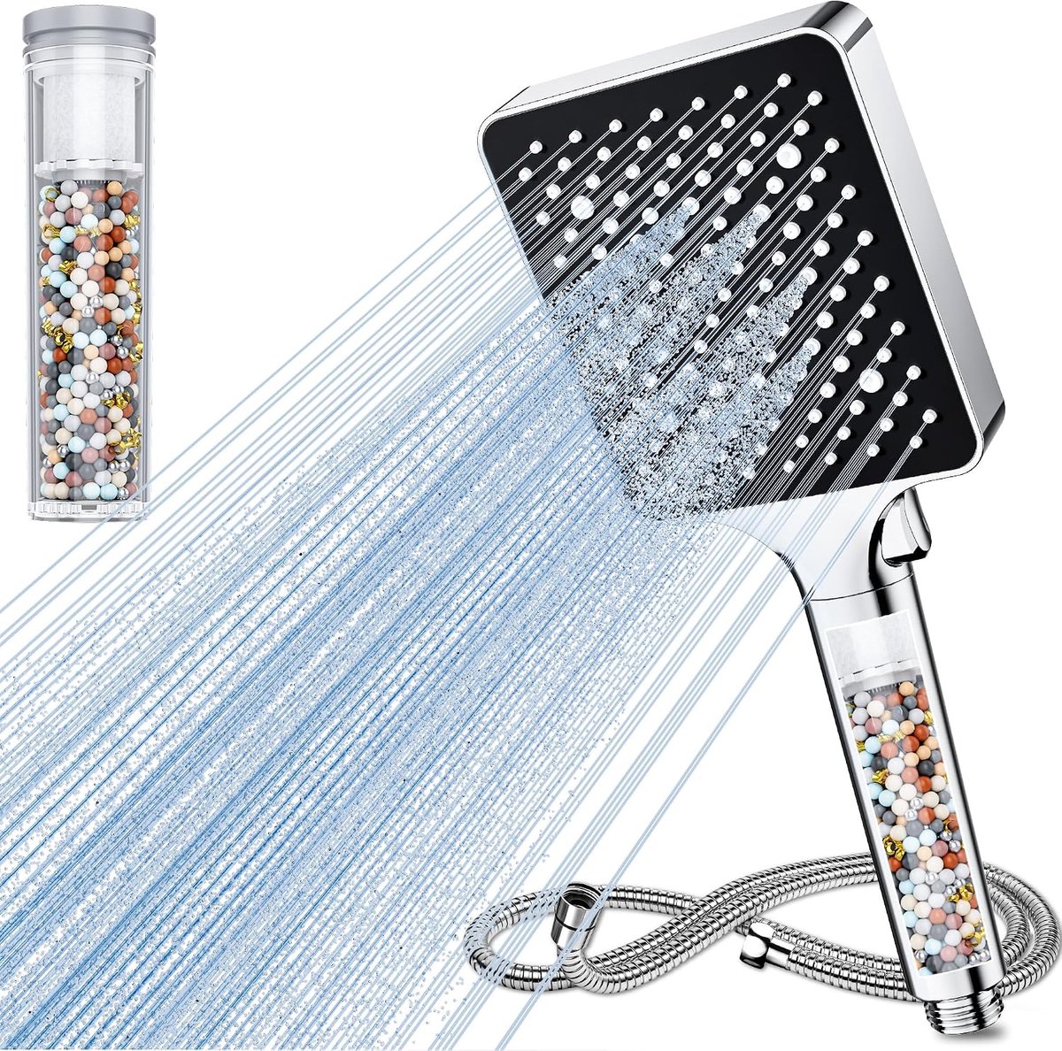 SnelShoppen - Magichome Hardwaterfilter Douchekop met 1,5 m Slang, 6 Standen, Waterbesparing, Antikalk, Verstelbare Showerhead voor Thuis, Badkamer, O