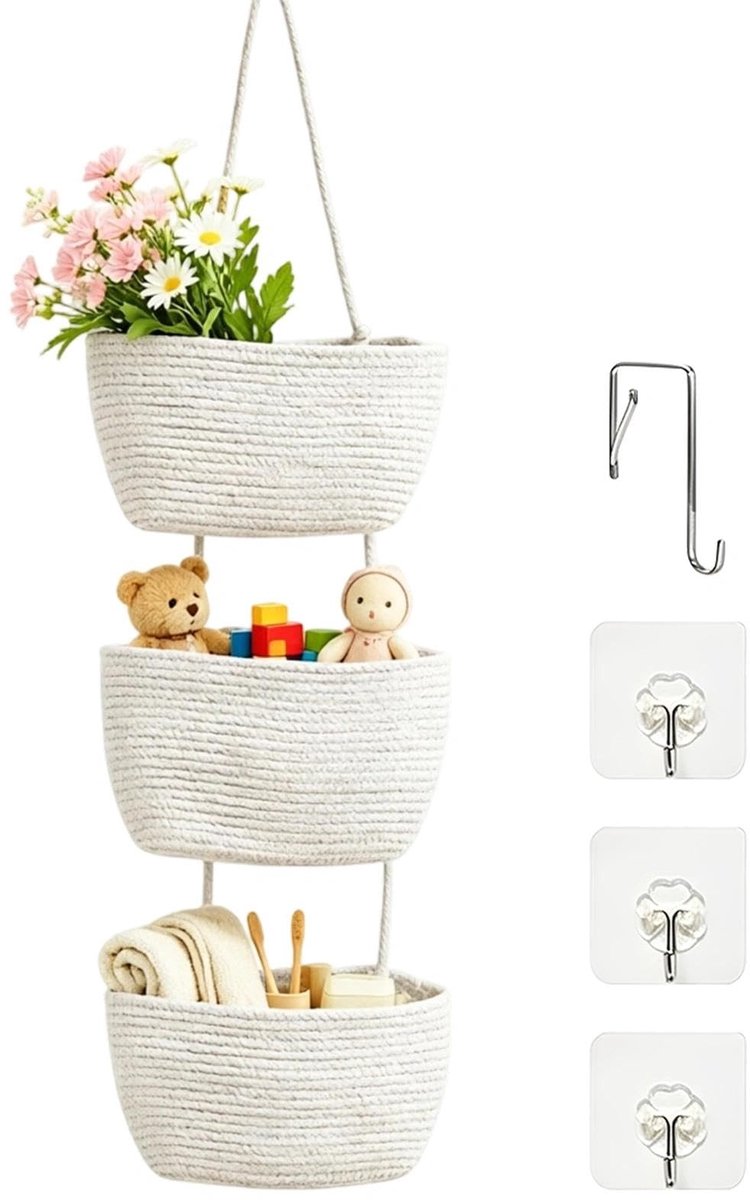 Omgoods - Gevlochten Hangorganizer met 3 Verdiepingen - Voor Badkamer en Slaapkamer