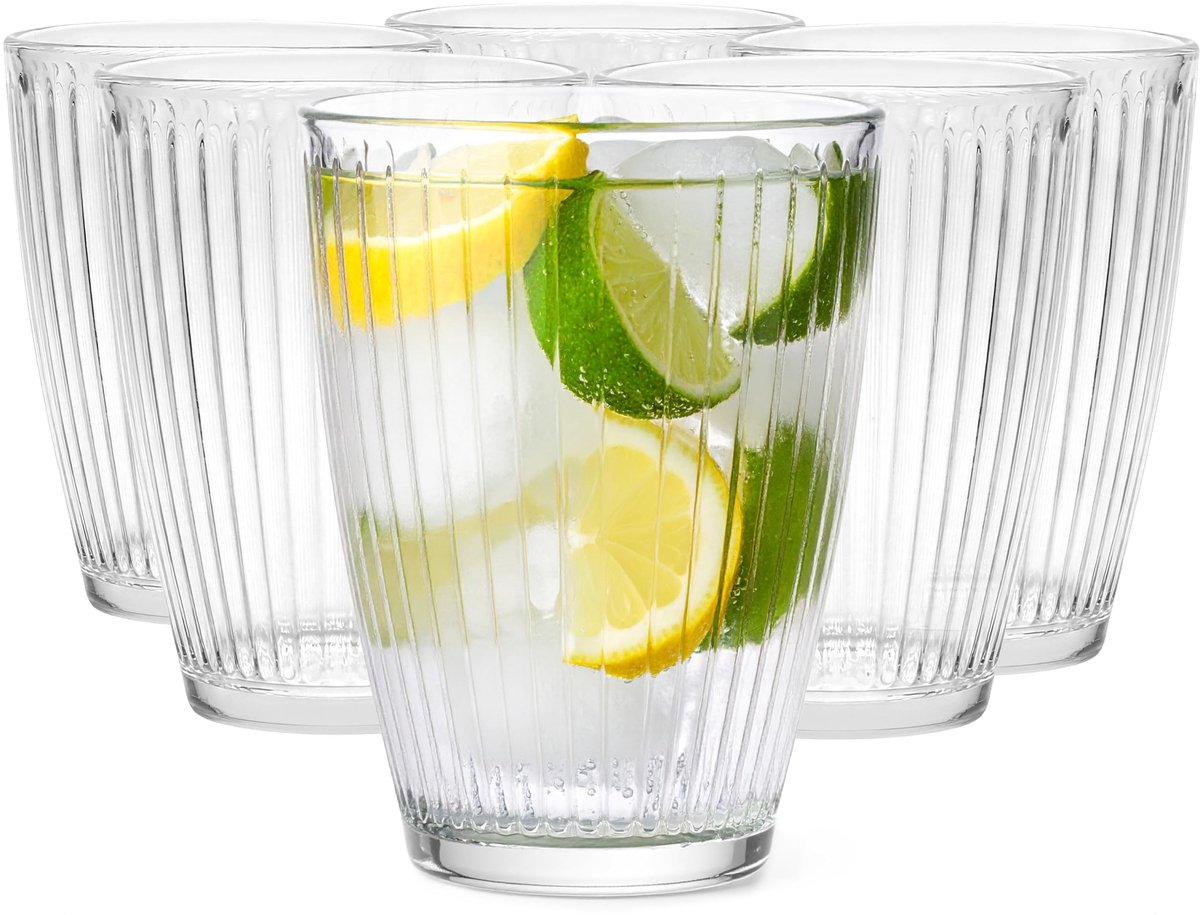 Omgoods - Set van 6 Ribbelglazen voor Water en Dranken 400ml