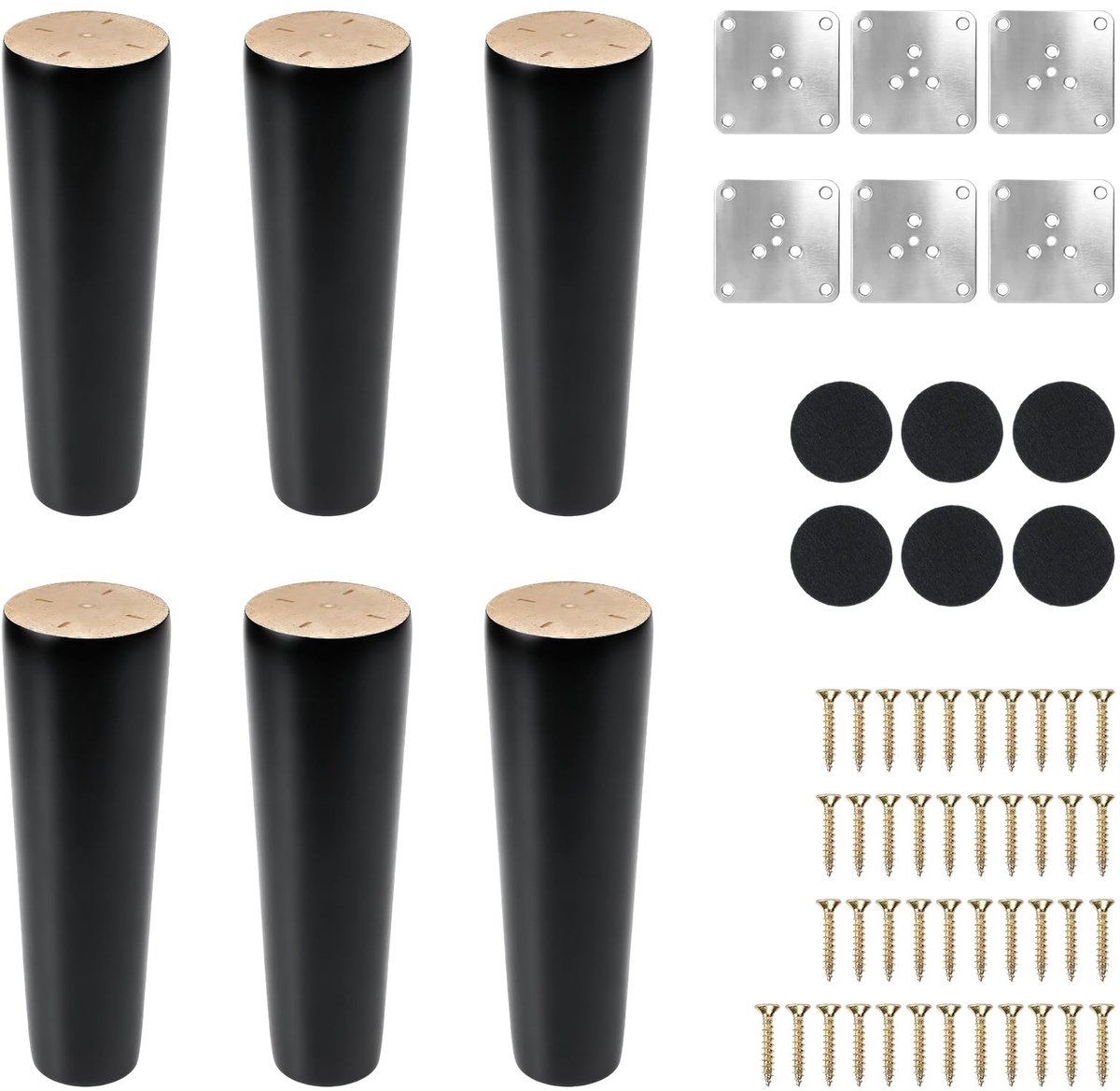 SnelShoppen - 6 Stuks 15 cm Houten Tafelpoten, Massief Hout, Zwart, Rond, Voor Bed, Stoel, Tafel, Meubels, Met Montageplaten en Schroeven