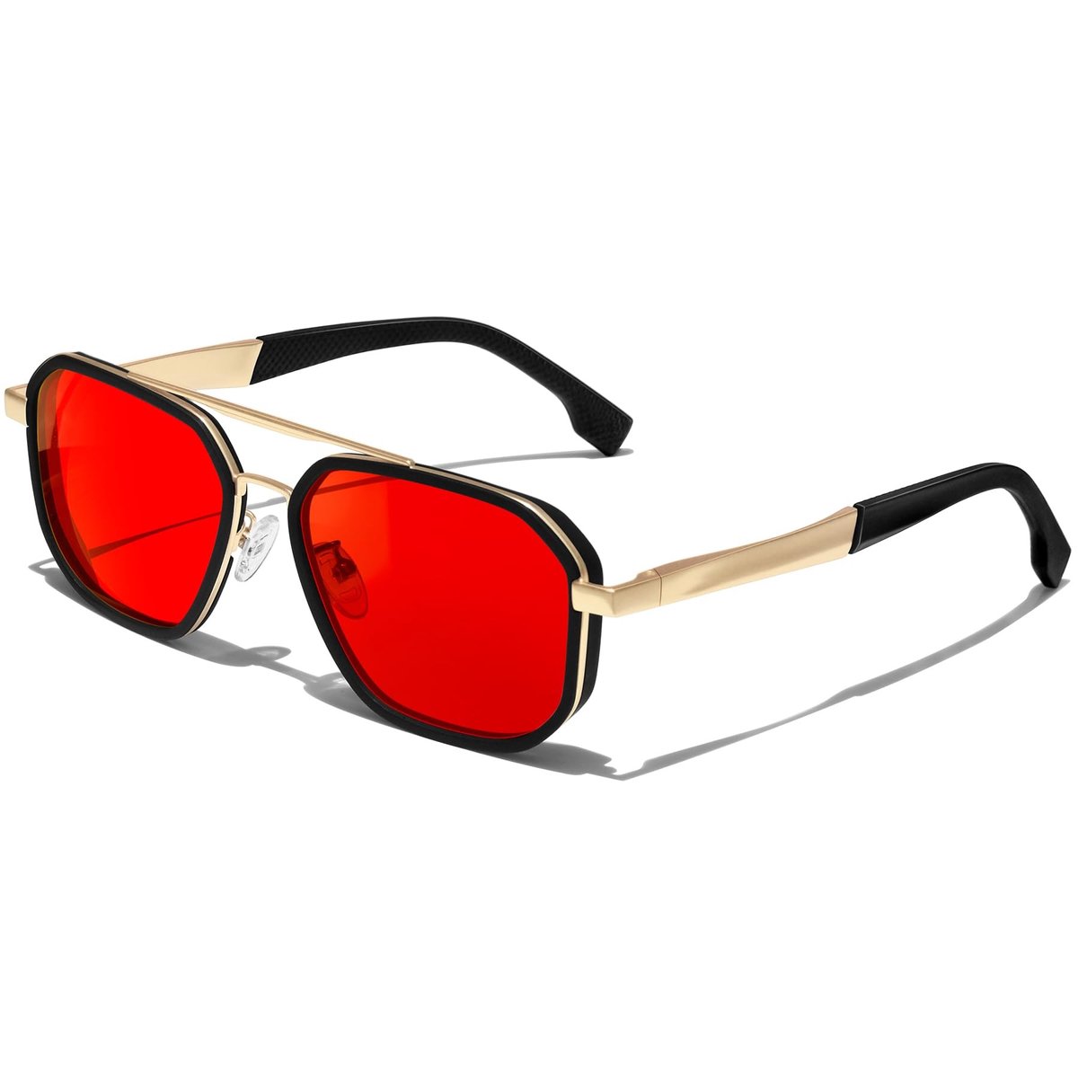 Omgoods- Zonnebril Heren Gepolariseerd - Zonnebril Dames - Vierkante Zonnebril - UV400 - Gouden Details - Rode Lenzen - Sunglasses