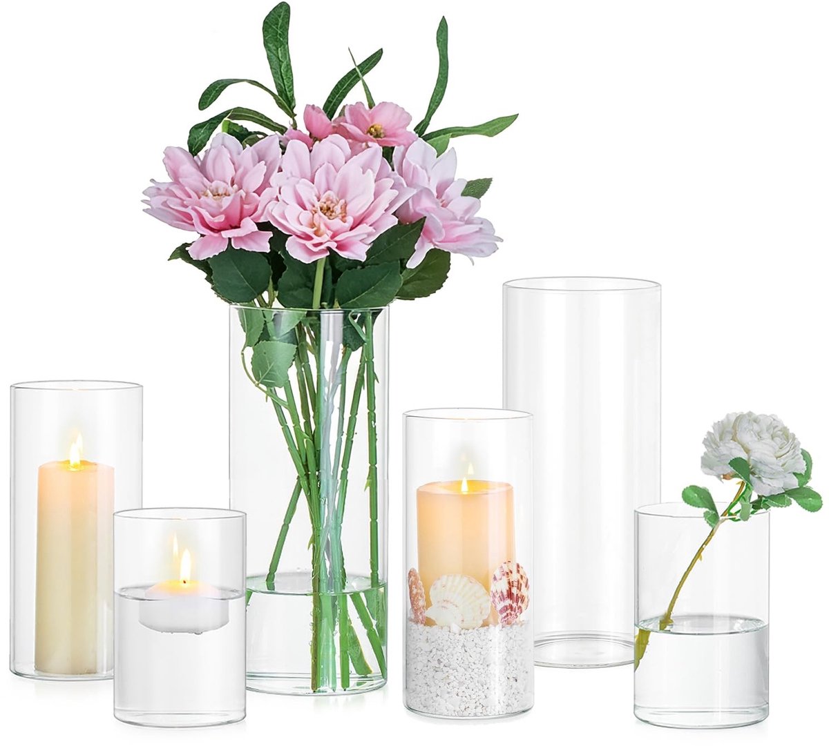 Omgoods - Set van 6 Glazen Cilindervazen voor Bloemen en Kaarsen