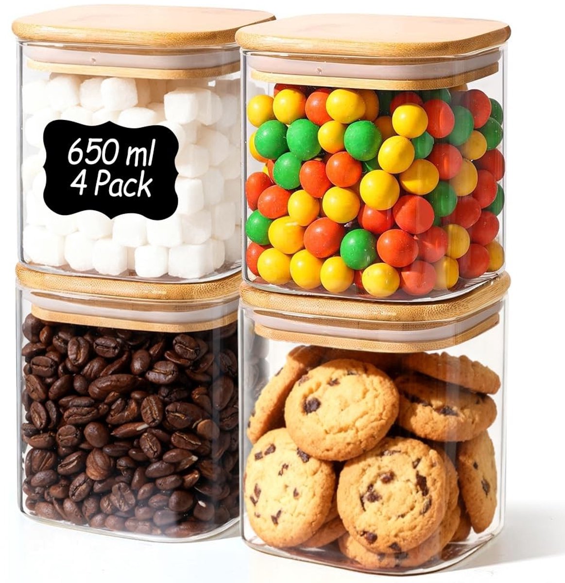 Omgoods- Voorraadpot Set van 4 - Glazen Potten 650 ml - Luchtdichte Afdichting - Temperatuurbestendig - Geschikt voor Voedselopslag - Bamboe Deksel - Opbergpot