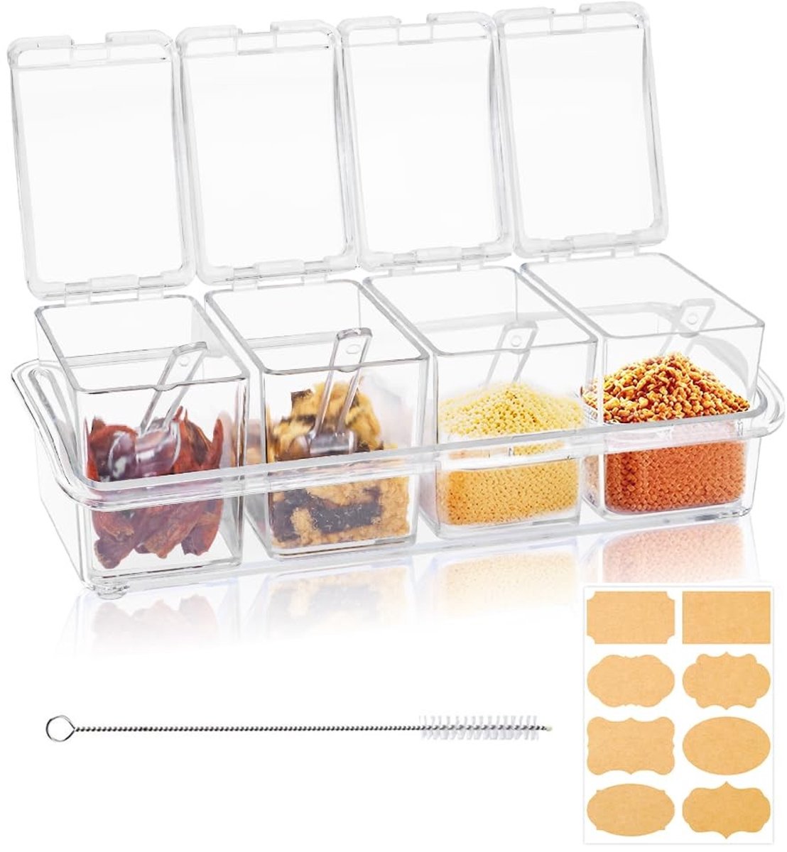 Omgoods - Set van 4 Transparante Kruidendoosjes met Lepels en Etiketten