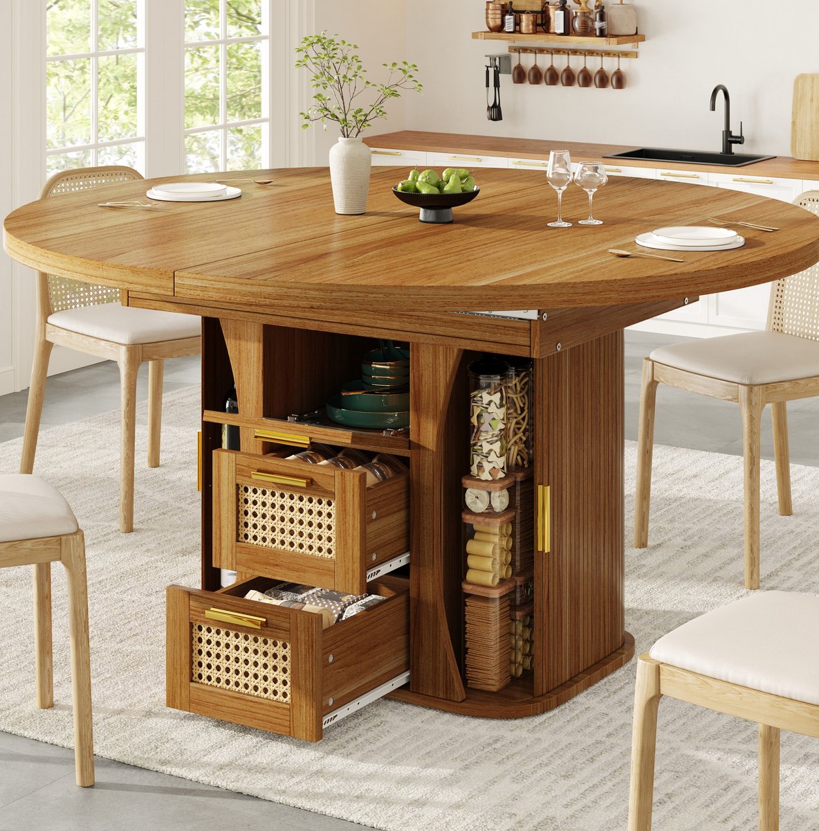 COVREO Eettafel 118-158 cm, oak MDF met metalen frame en opberglades