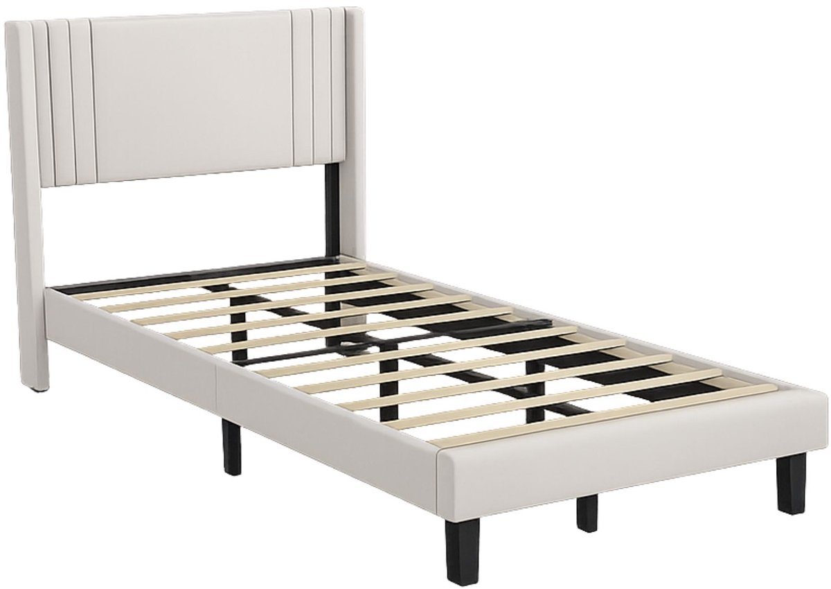 Happiq Gestoffeerd Eenpersoonsbed 90x200 cm Beige – Bedframe met LED Verlichting Wit