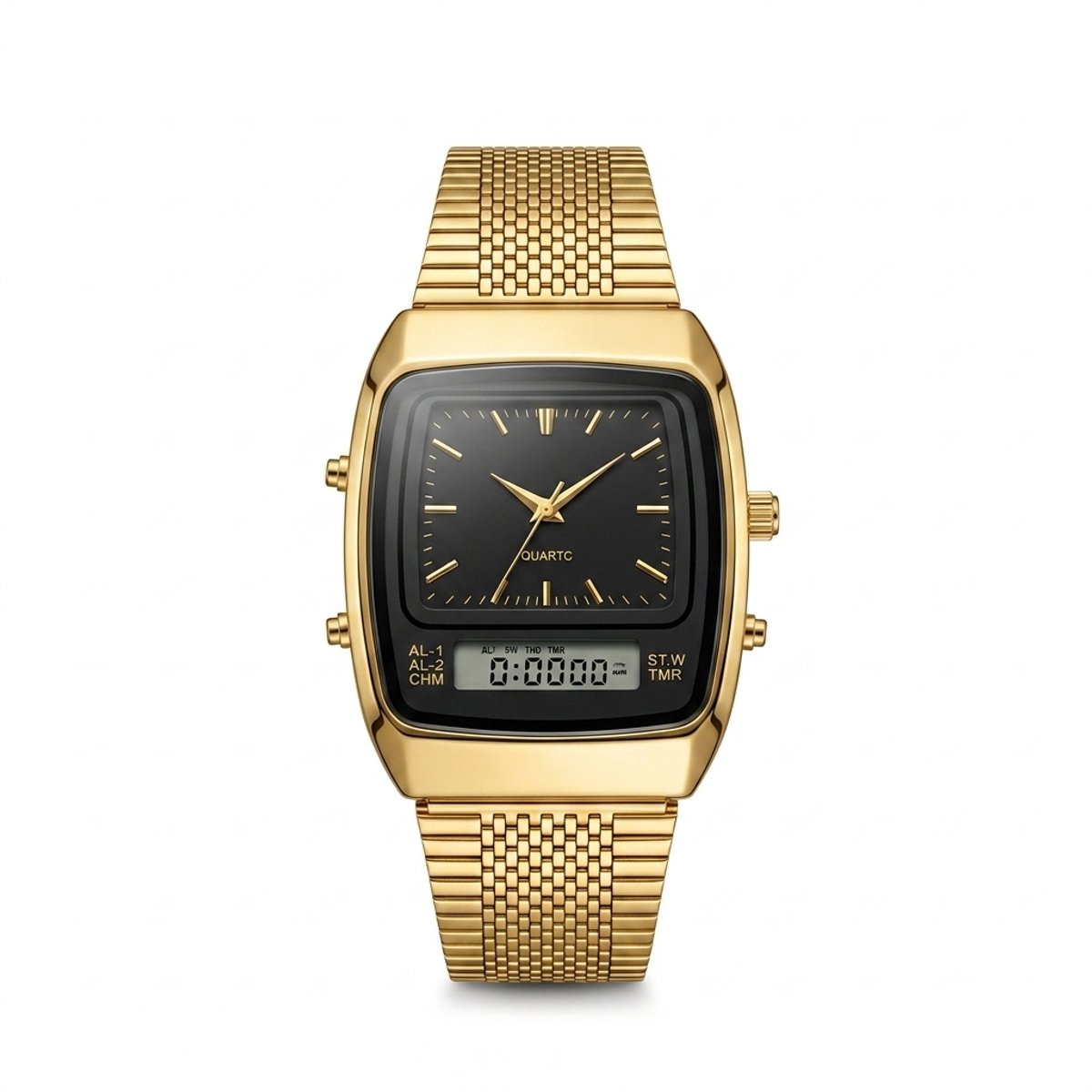 Vivva - Heren Horloge Analoog en Digitaal - Retro Vierkant Quartz Horloge - RVS Horlogeband - Goud - ROLOTIME