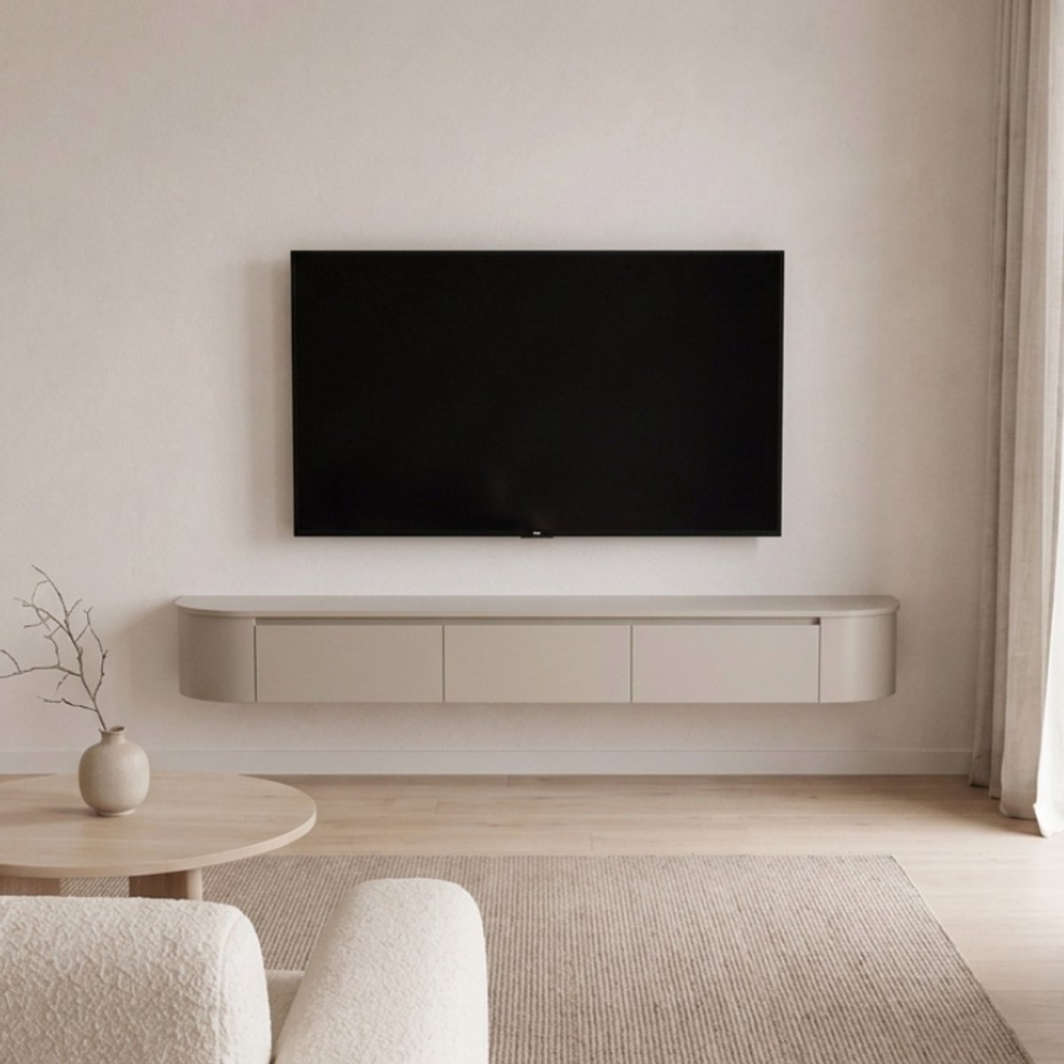 Japandi Tv Meubel Curved - Beige Mat - 280x36x33 cm - Gebogen zijkant - Volledig Gemonteerd - Zwevend TV Meubel 280cm – Wandgemonteerd TV Kast met Deuren en Lade – Floating TV Cabinet – Curved Design – Modern Scandinavisch TV Meubel