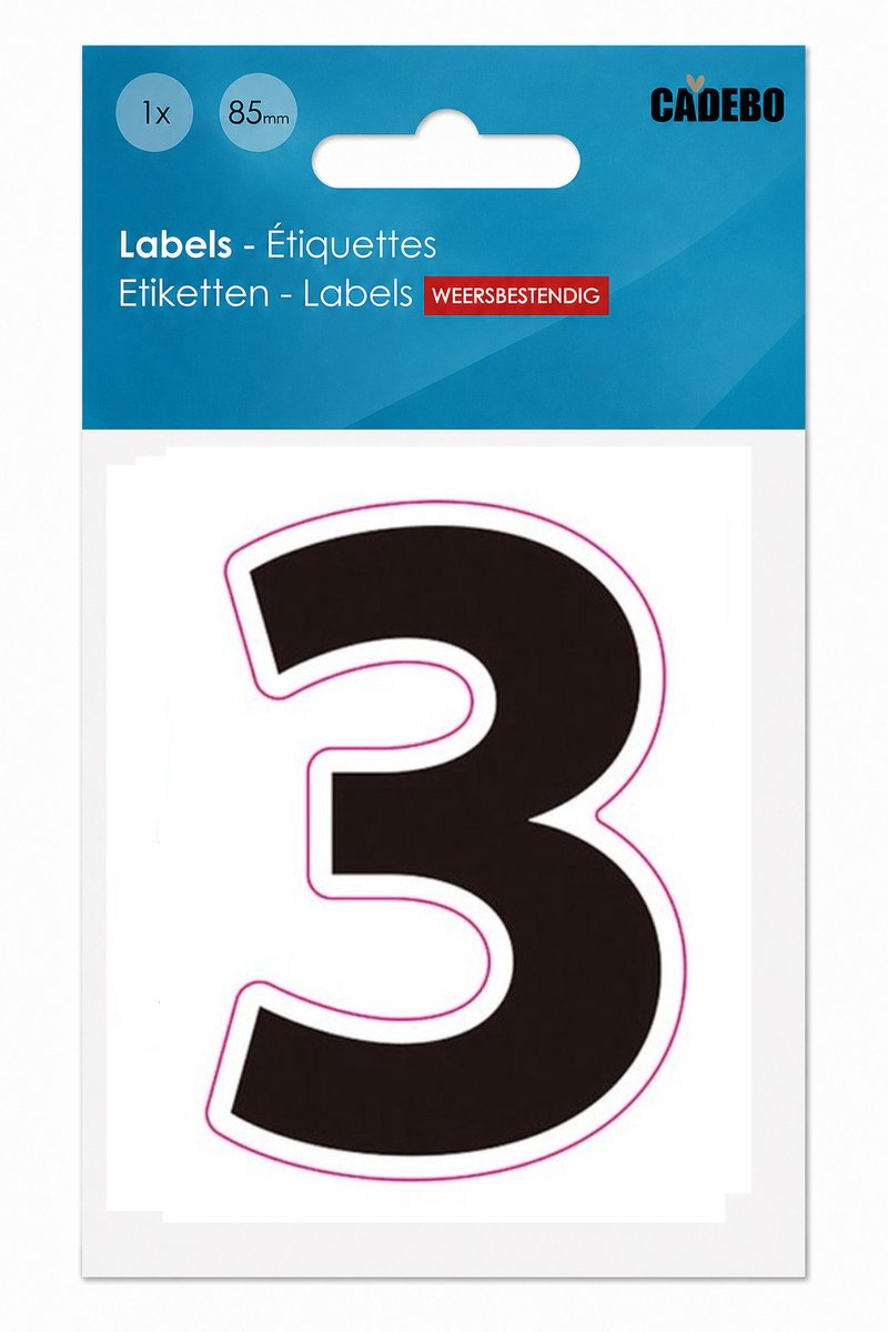 Plakcijfer - Nummer Sticker - 3 - Cadebo - Weerbestendig - 8,5 cm hoog, 6 cm breed, perfect formaat - Zwart