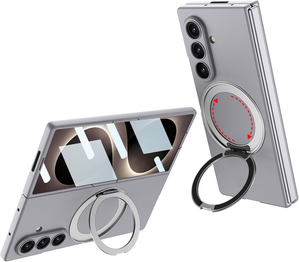 Casemania Hoesje Geschikt voor Samsung Galaxy Z Fold 8 Ultra - Grijs - Ringhouder Hardcase Geschikt voor MagSafe - Matte Back Cover met Ingebouwde Screenprotector, 360 Graden Draaibare Ring Standaard en Camera Bescherming