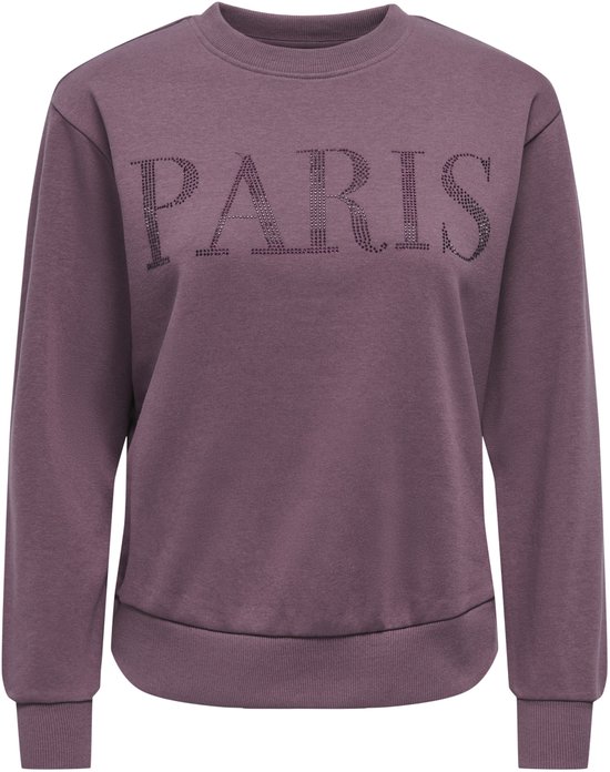 Paarse sweater met "PARIS" belettering van steentjes, recht van voren.