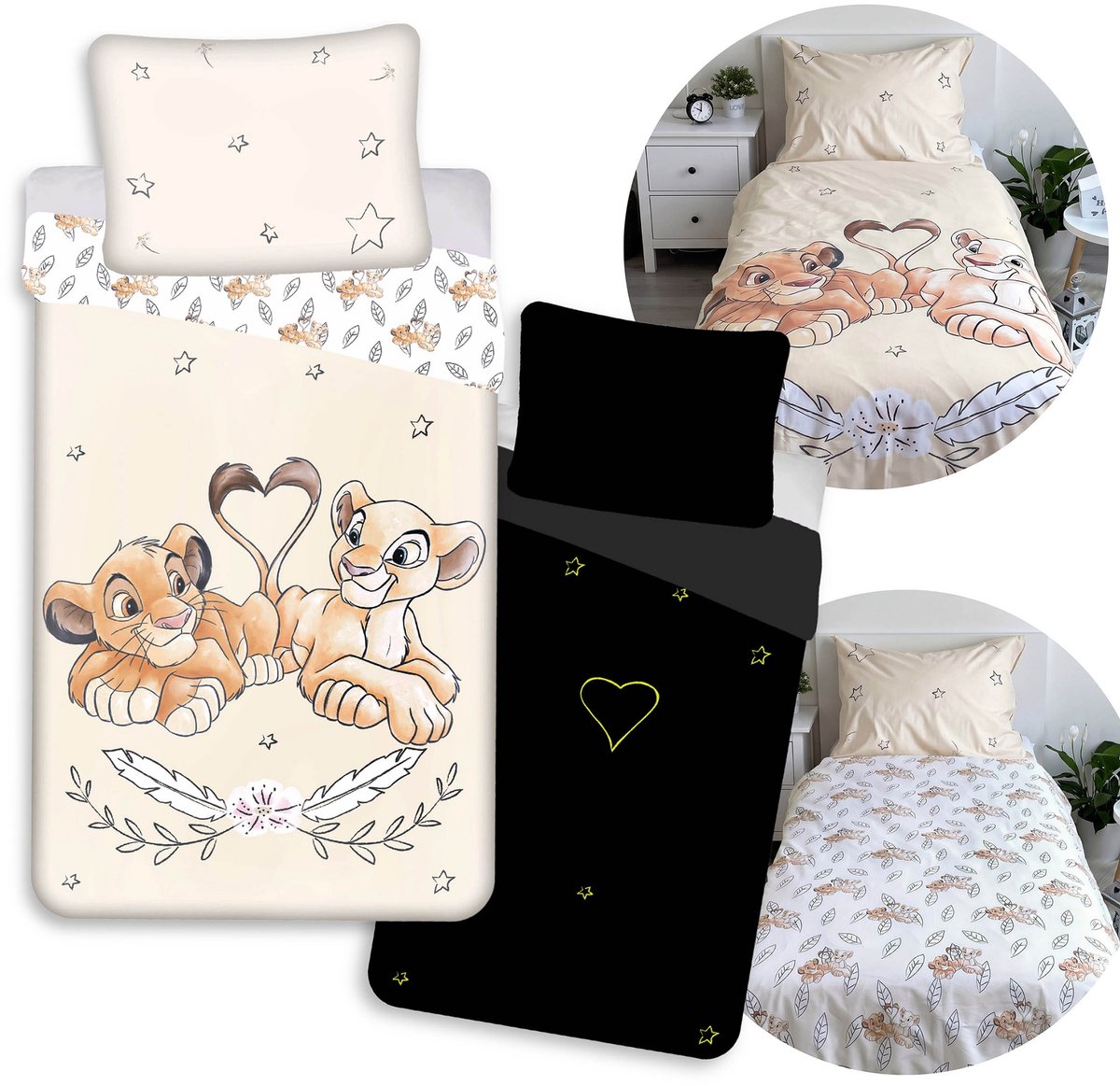 DISNEY De Leeuwenkoning Beige, DUBBELZIJDIG, katoenen kinderbeddengoed met rits, LICHTGEVEND in het donker 140x200cm+70x90cm OEKO-TEX