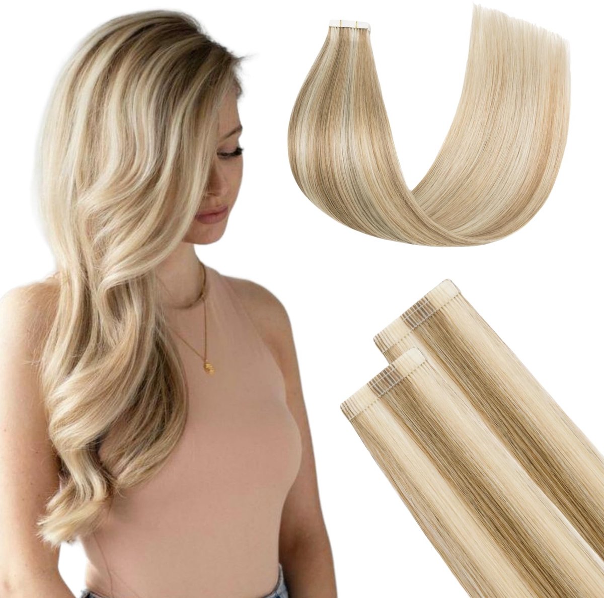 Omgoods - Tape-in Haar Extensions Echt Menselijk Haar - Balayage Caramel Blond naar Gebleekt Blond