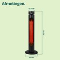 Afmetingen zwarte terrasverwarmer: hoogte 84 cm, diameter bovenkant 12,3 cm, diameter voet 25 cm.