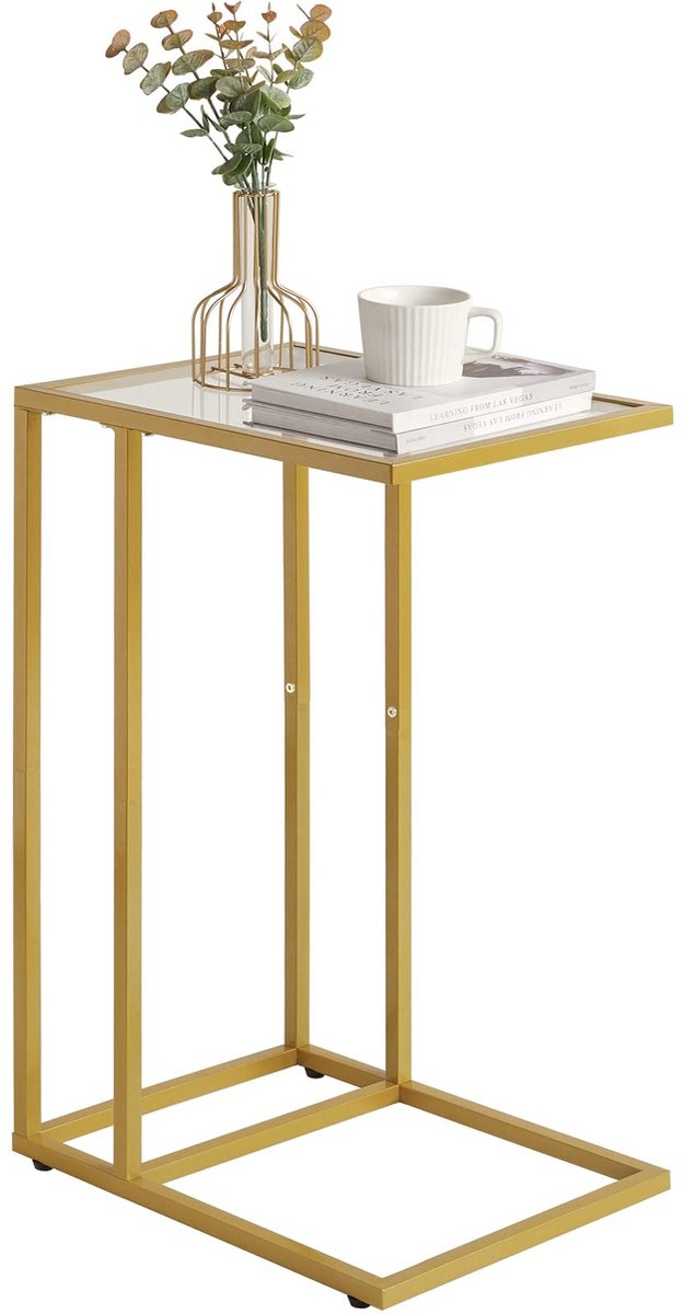 Omgoods - C-Vormige Bijzettafel van Glas met Metaal Frame