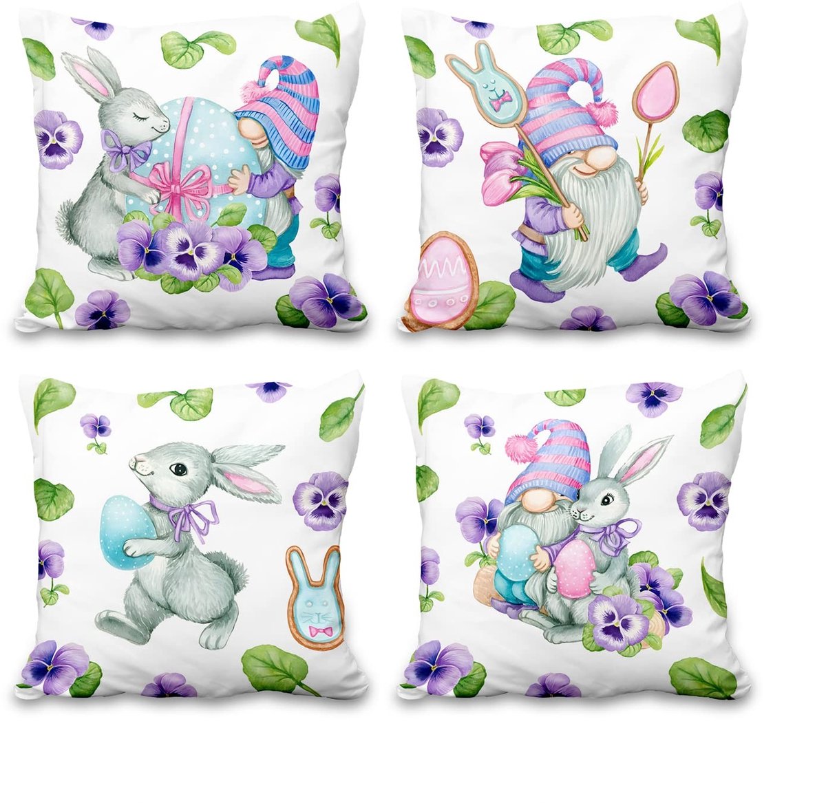 Omgoods - Set van 4 Paas Kussenhoezen 50 x 50 cm met Konijnen en Eieren