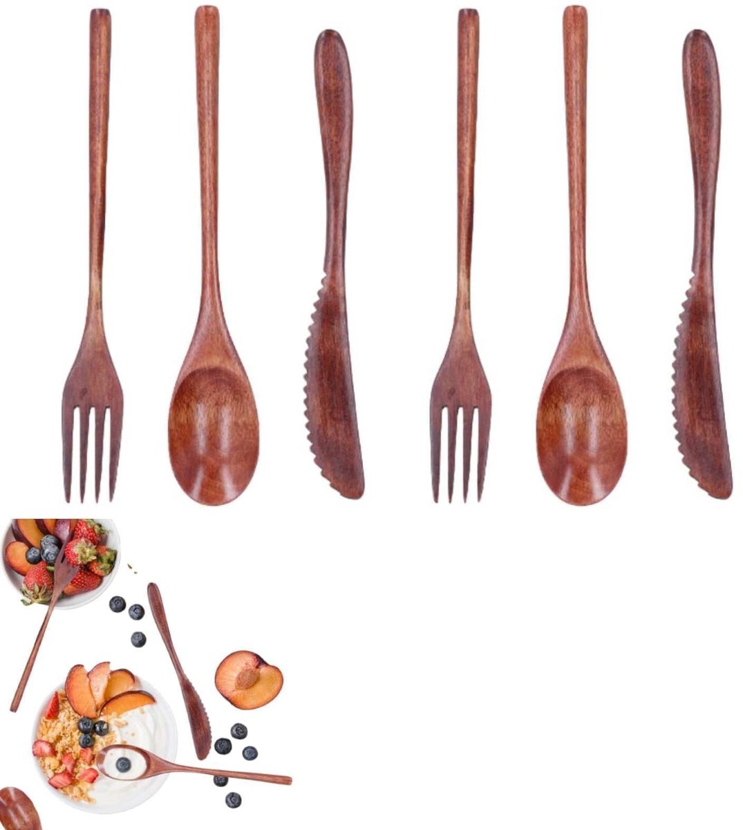 Omgoods- Bestekset 6 Persoons - Houten Servies - Herbruikbaar - 2 Lepels - 2 Vorken - 2 Messen - Ergonomische Handgreep - Serviesset