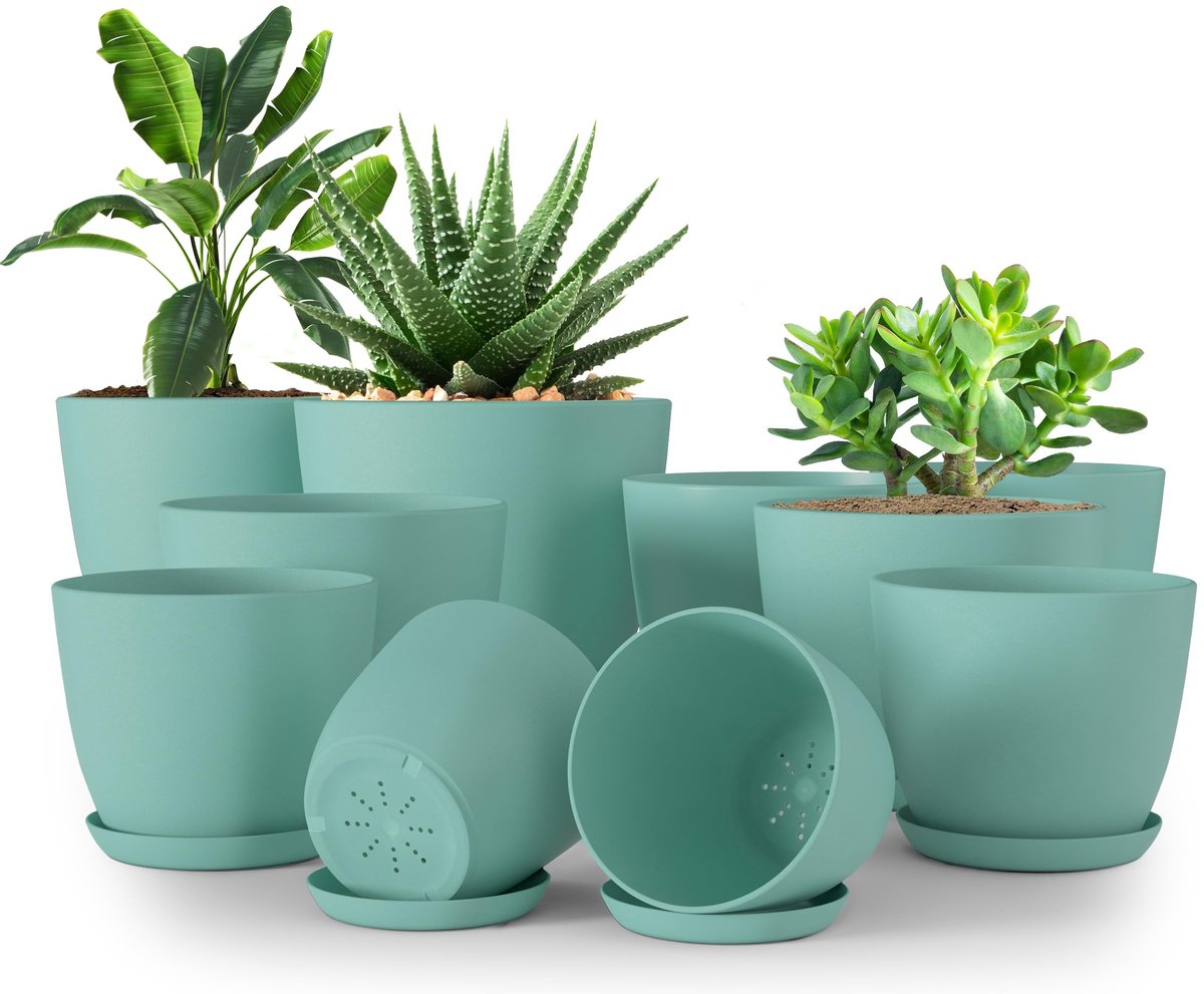 Omgoods - Set van 10 Decoratieve Binnenplant Potten met Afvoergaatje, Aqua Plastic