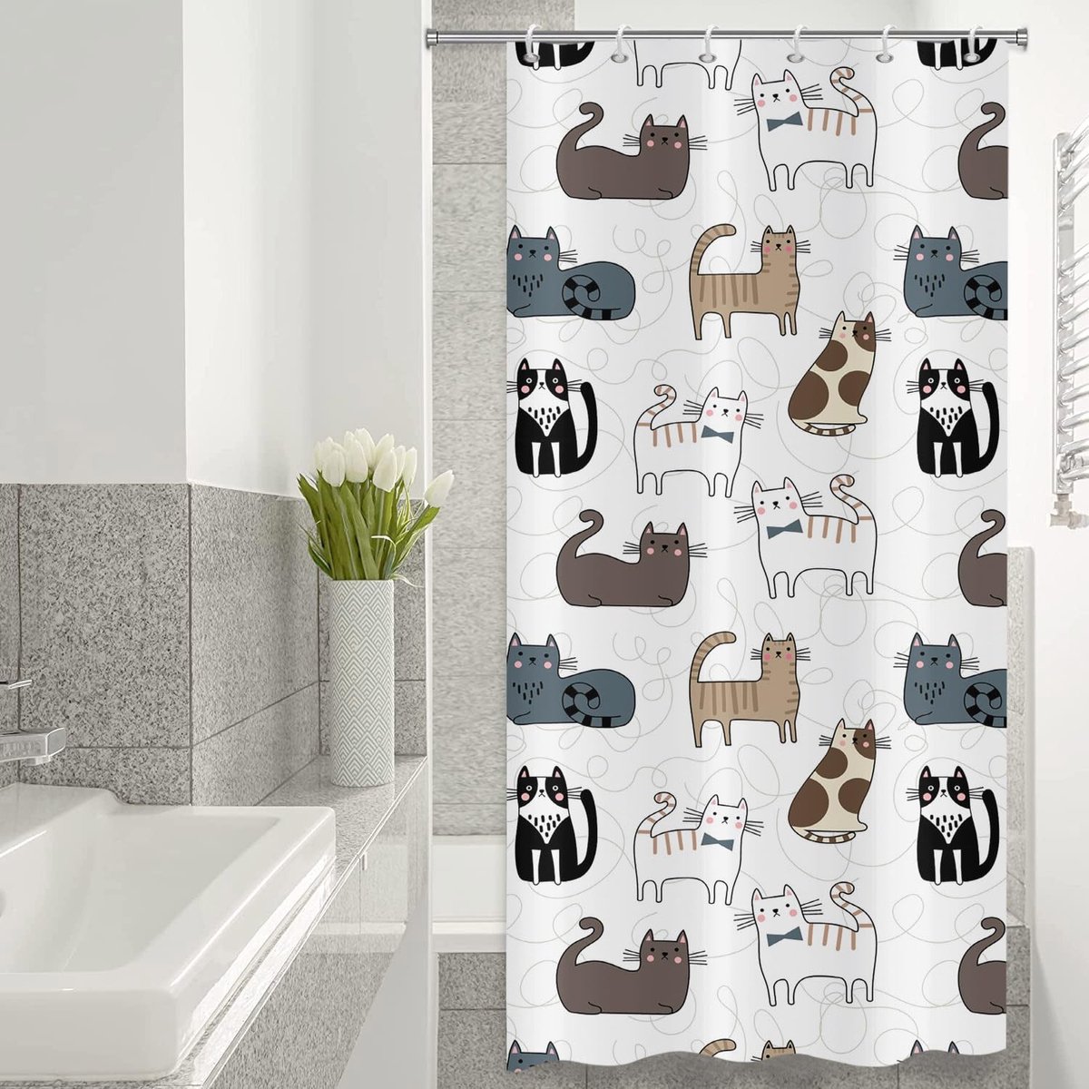 Omgoods - Waterdichte Douchegordijn met Schattige Kat Cartoon 90x180cm
