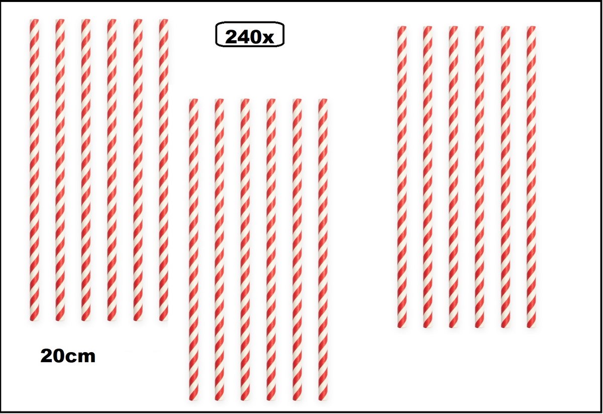 240x Papieren rietjes stripes rood/wit - 100% biologisch afbreekbaar - Thema party feest festival uitdeel rietje drinken