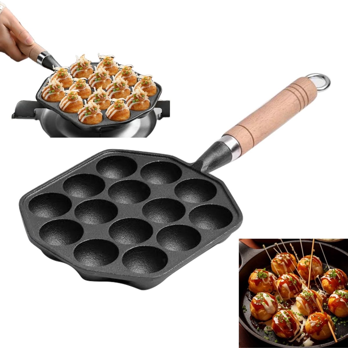 Omgoods- Takoyaki Pan Gietijzer - 14 Gaten - Anti-aanbak - Aebleskiver/Poffertjespan - Gelijkmatige Warmtegeleiding - Afneembaar Handvat - Pannen