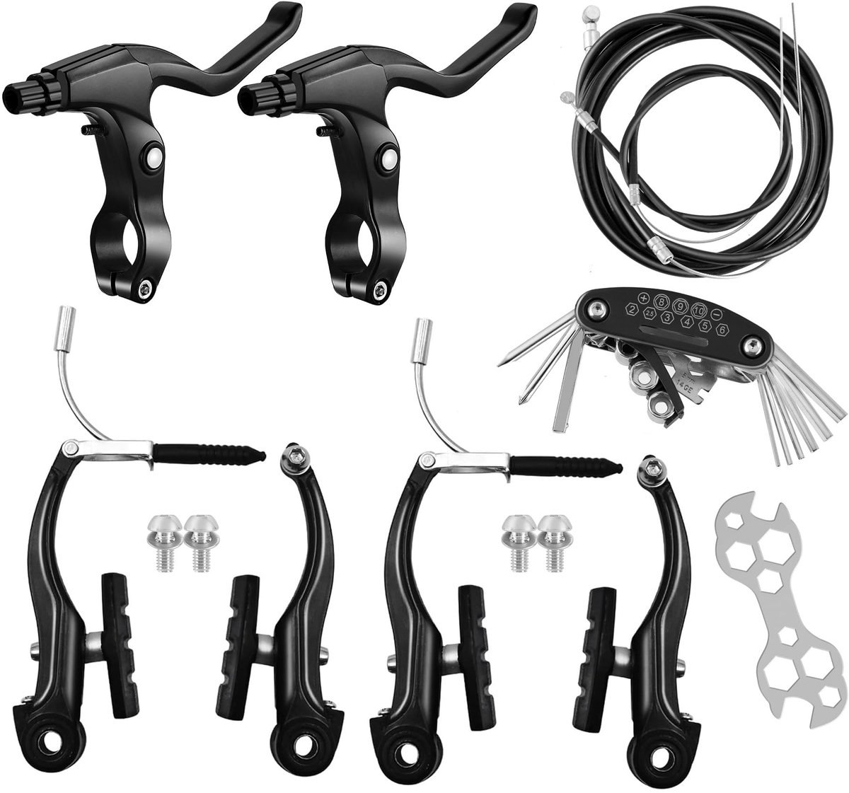 Omgoods- Fietsremmenset - 2 Paar V-remmen - Remkabels - Kabeleindkappen - Multi-moersleutel - Universele MTB-hybride - Remset