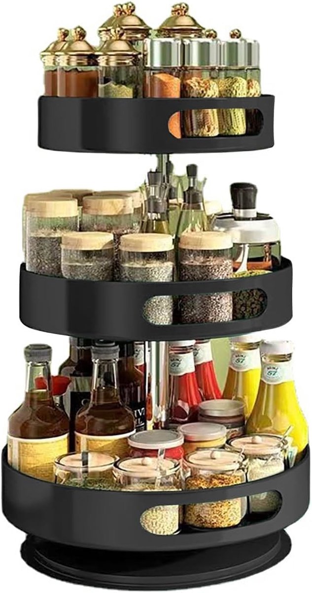 Omgoods- Specerijenrek Hoogte Verstelbaar - Draaiend - 3-Lagen - Carbon Staal - Keuken Organizer - 30 x 30 cm - Kruidenrek