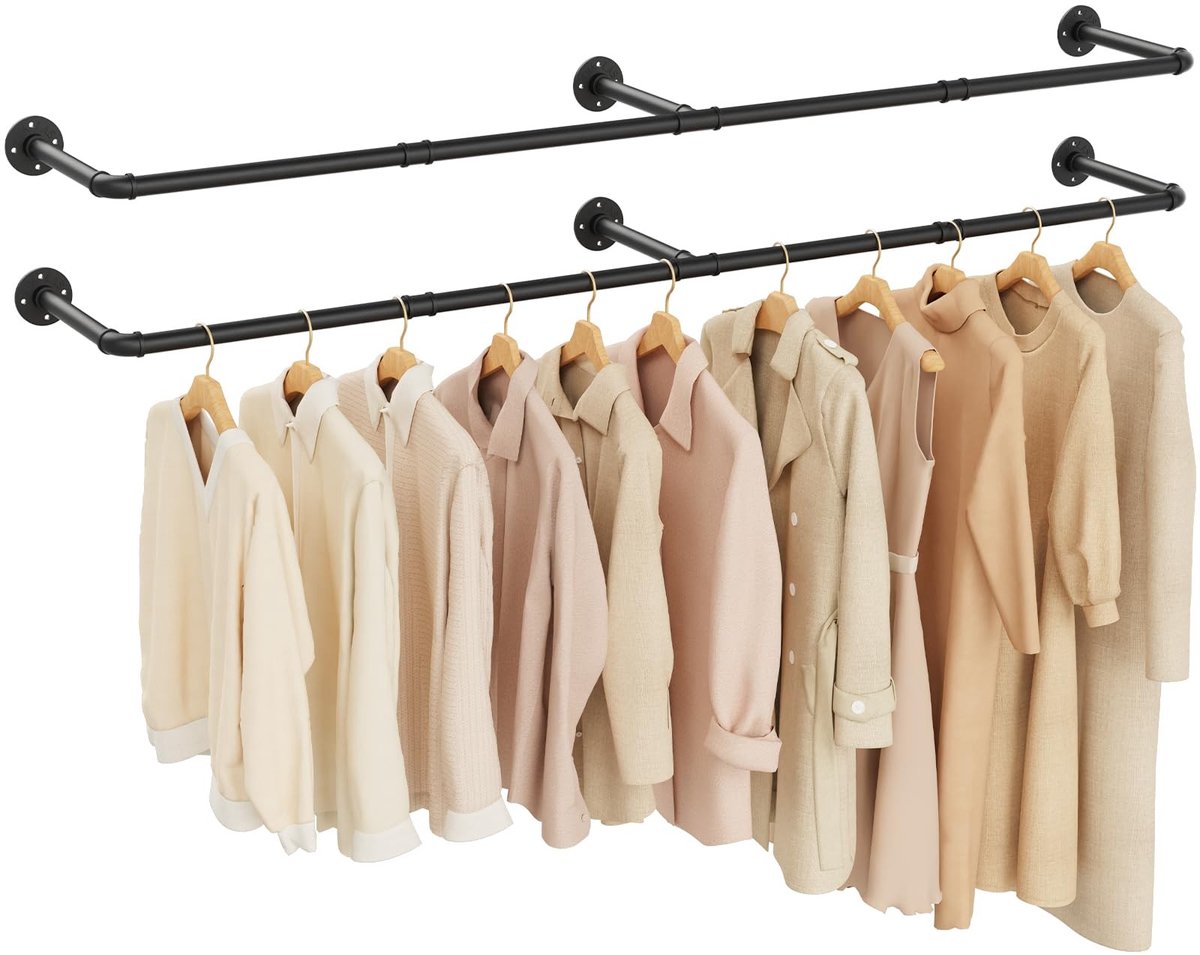 Omgoods - Set van 2 Industriële Kledingrails van Ijzer voor Wandmontage