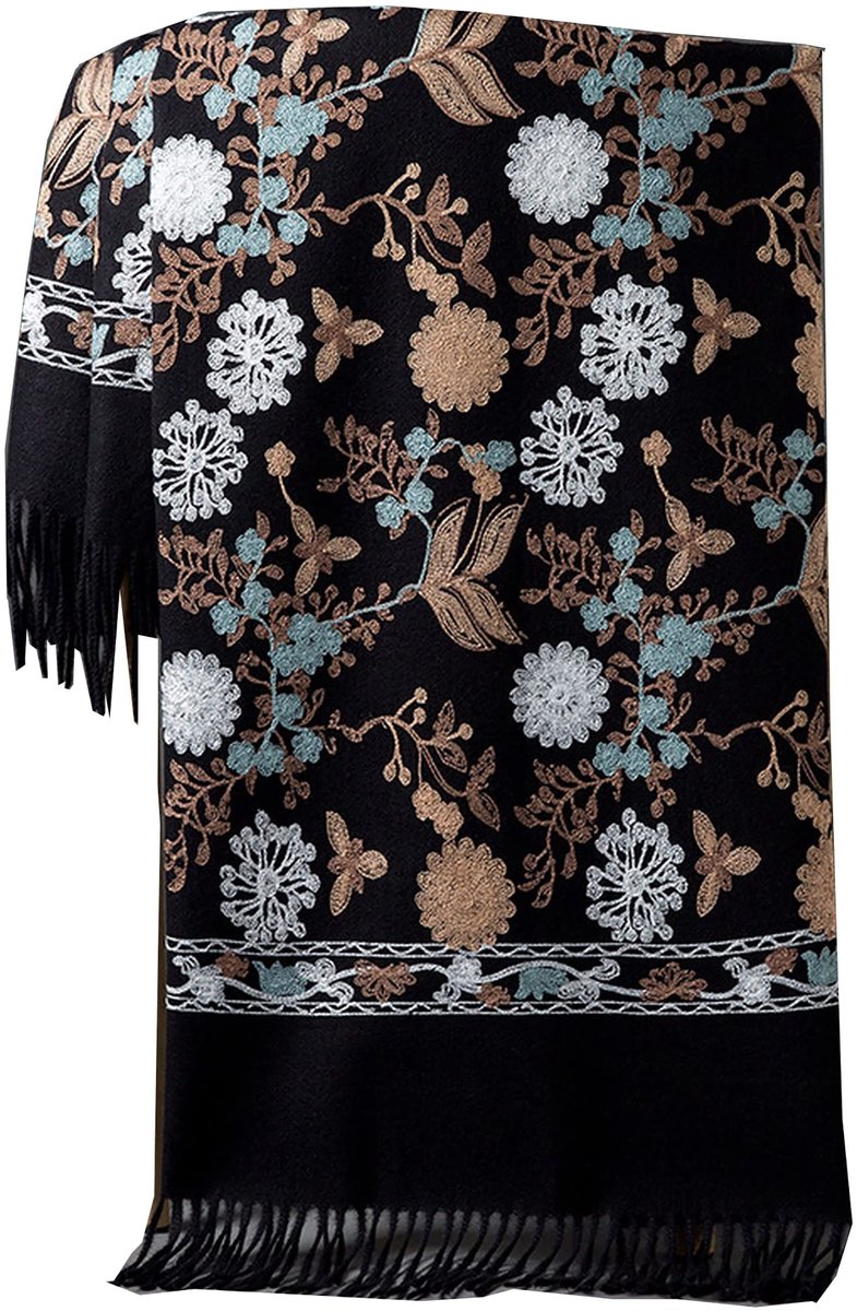 Omgoods - Geborduurde Pashmina Sjaal van Hoogwaardige Wol in Zwart