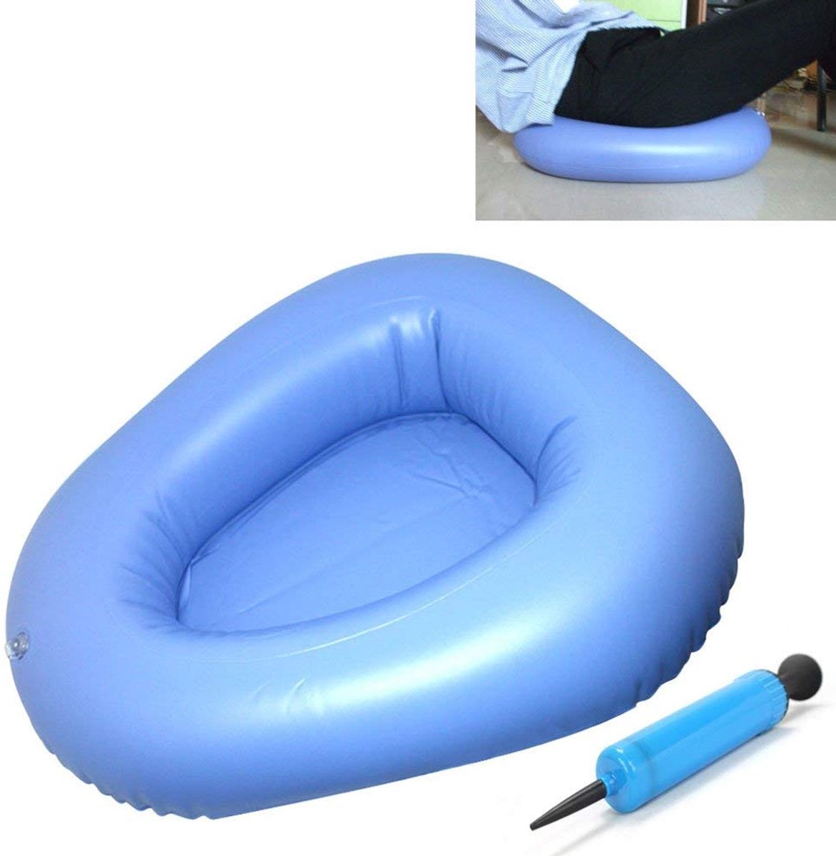 Omgoods- Opblaasbare Kruk - Comfortabele PVC Bedpan - Blauw - Met Handpomp - Geschikt voor Ouderen - Afmetingen 42x37x10 cm