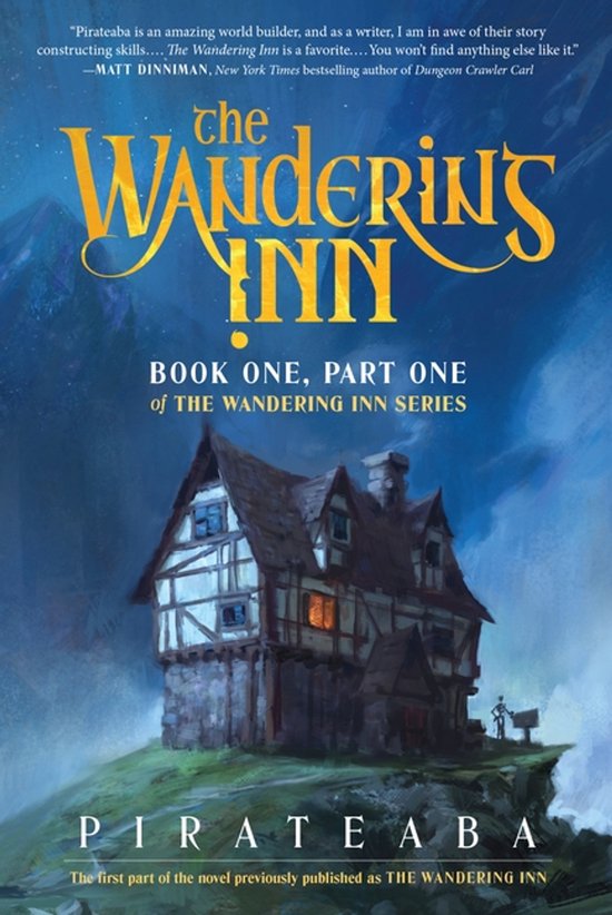 Boekcover met de titel "The Wandering Inn" en een afbeelding van een historisch gebouw op een heuvel.