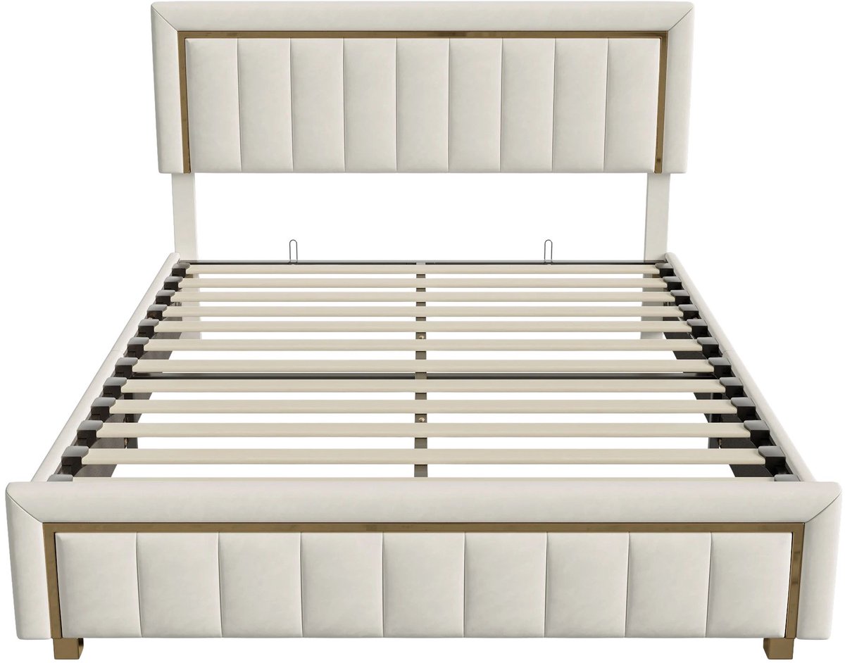 Gestoffeerd Tweepersoonsbed 140 160 x 200 Cm - Fluweel - Hydraulisch Opbergbed met Verticale Strepen en Gouden Accenten - voor Slaapkamer