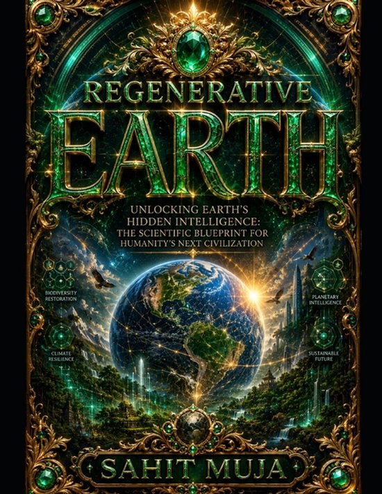 Boekhoes met de titel 'Regenerative Earth'. De aarde wordt in het midden getoond, omringd door gouden ornamenten en groene edelstenen. Text: 'Regenerative Earth Unlocking Earth's Hidden Intelligence'.