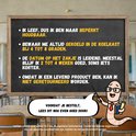 Karakter op een schoolbord met tekst 'LEEF, DUS IK BEN MAAR BEPERKT HOUDBAAR. BEWAAR ME ALTĲD GEKOELD BIJ 4 TOT 8 GRADEN. DATUM OP ZAKJE IS LEIDEND. MEESTAL BLĲF IK 2 TOT 4 WEKEN GOED. KAN NIET GERETOURNEERD WORDEN.'