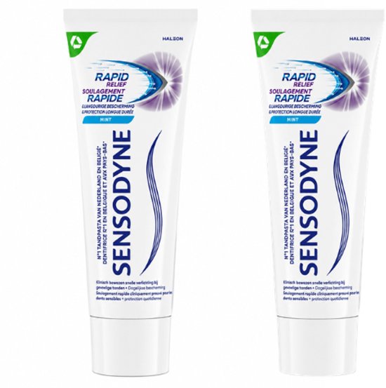 Twee tubes Sensodyne Rapid Relief tandpasta met blauwe en paarse accenten. 'Nº1 TANDPASTA VAN NEDERLAND EN BELGIË' staat erop.