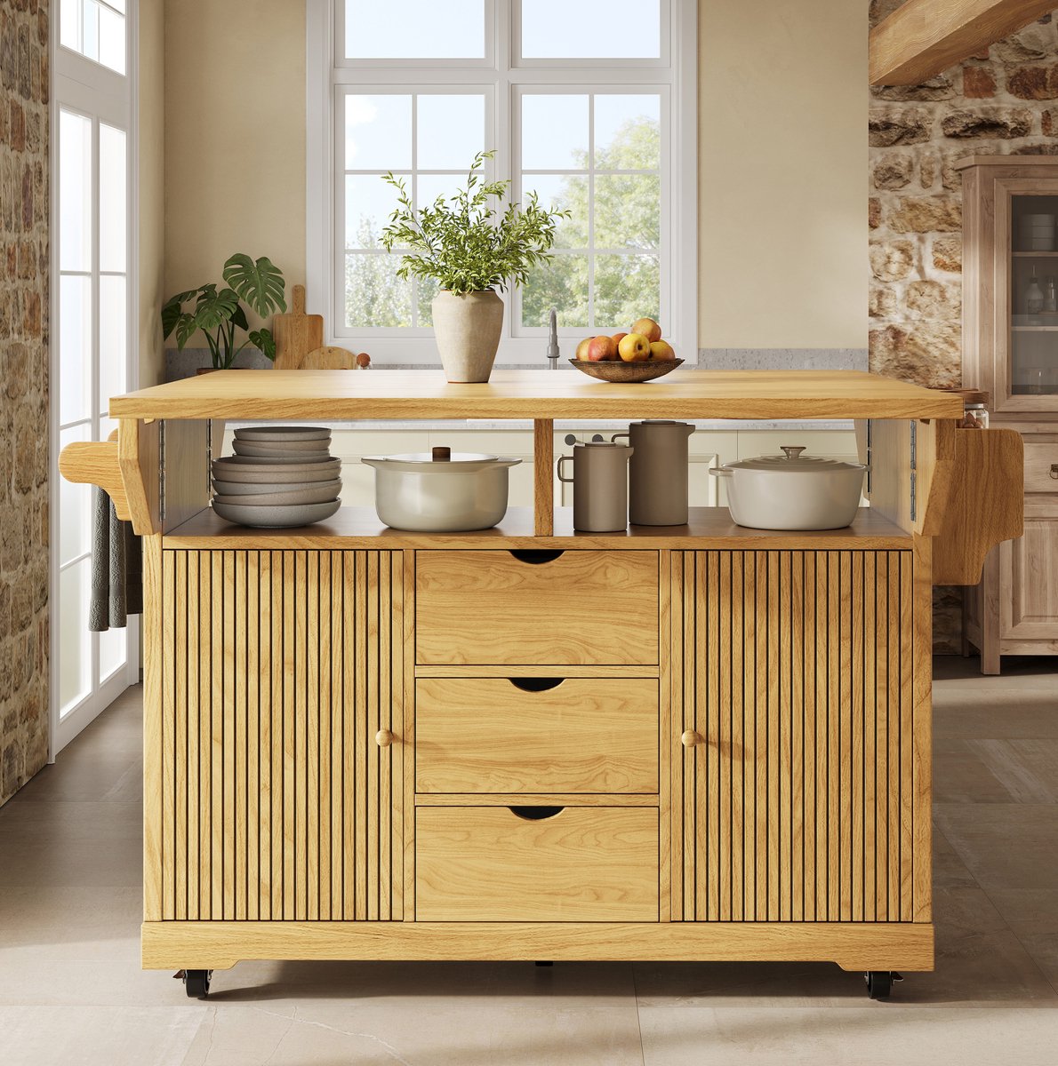FloraGrace Keukenwagen Met Uitklapbare Bladen En 3 Lades Voor Keuken En Eetkamer Metaal MDF Natuurbruin 142,5 X 80 X 95 Cm