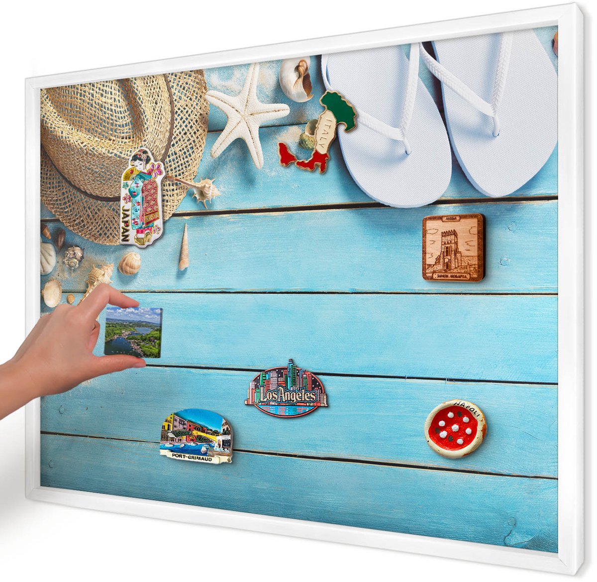 Artprintcave Blauw Magneetbord mit Witte Lijst - 70x50 cm - Vakantiesfeer Wandbord Magnetisch - Modern Magneetbord Voor Foto's - Natuur