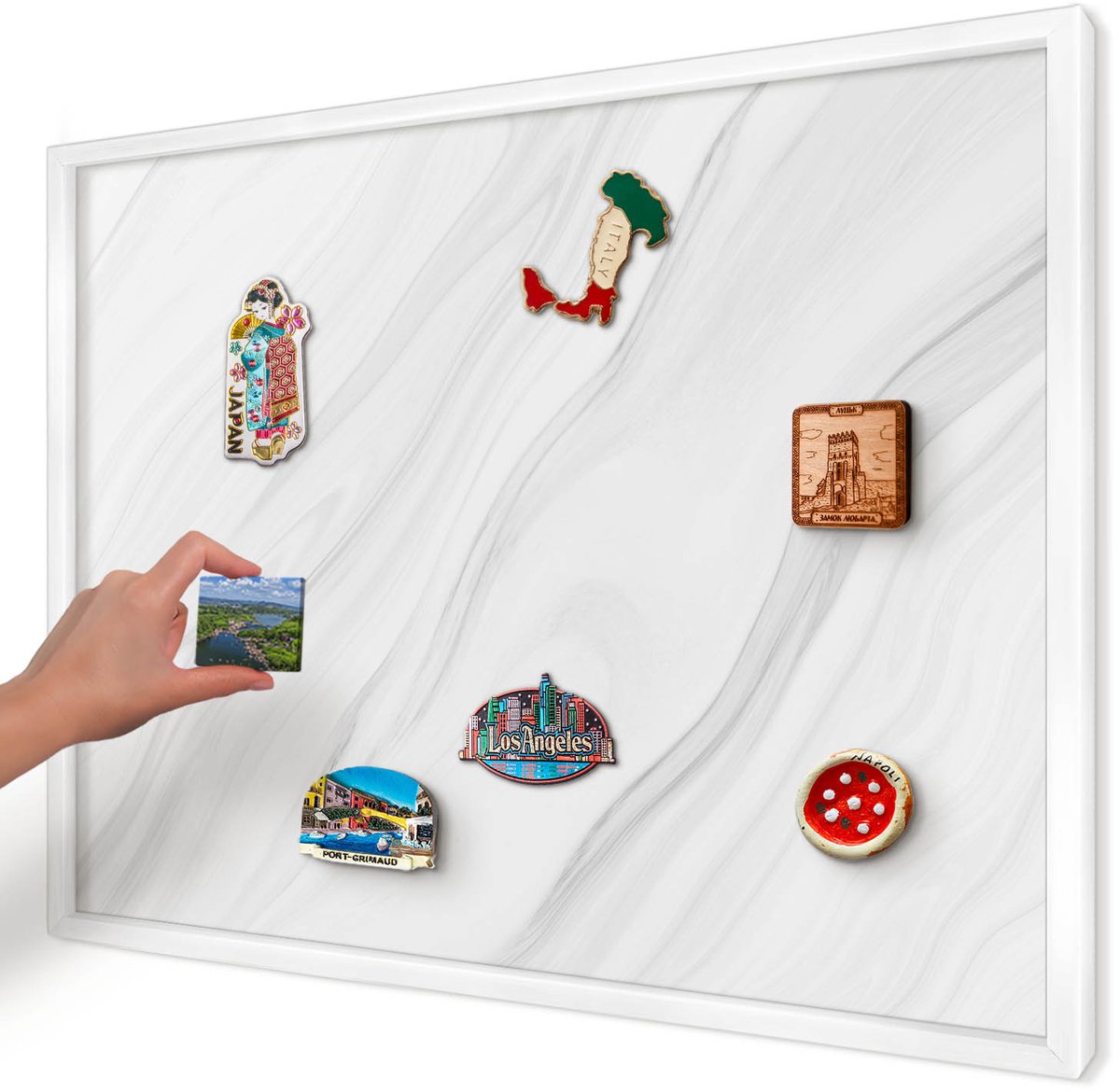 Artprintcave Wit Magneetbord mit Witte Lijst - 70x50 cm - Subtiel Marmer Magnetisch Bord - Minimalist Memobord Keuken - Texturen