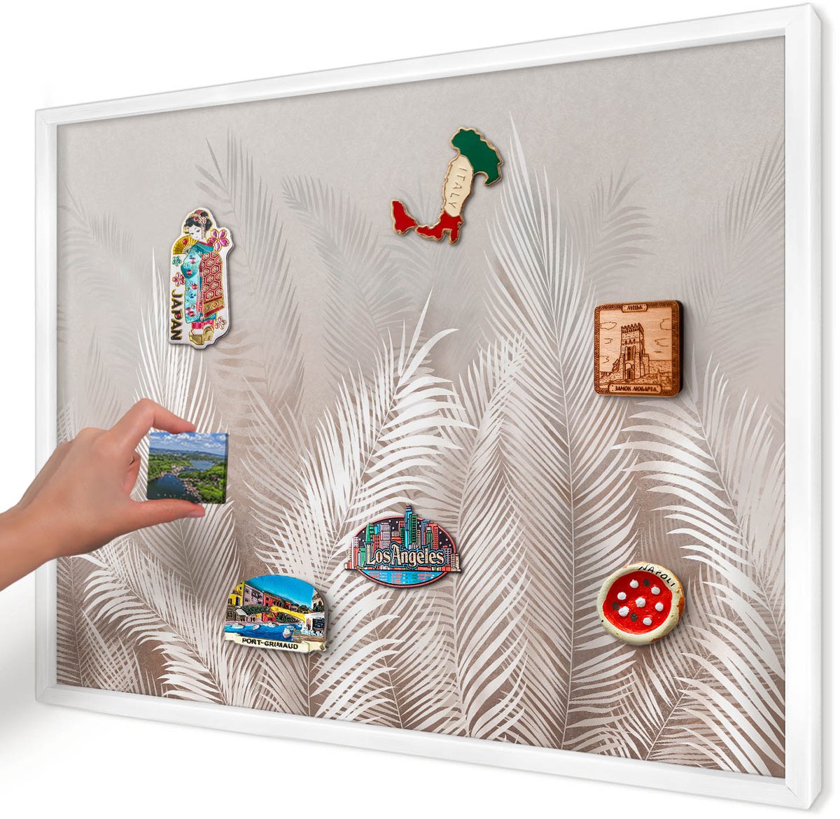 Artprintcave Beige Magneetbord mit Witte Lijst - 70x50 cm - Bladeren Van De Natuur Magneet Bord mit Frame - Minimalist Bord Voor Magneten - Bloemen En Planten