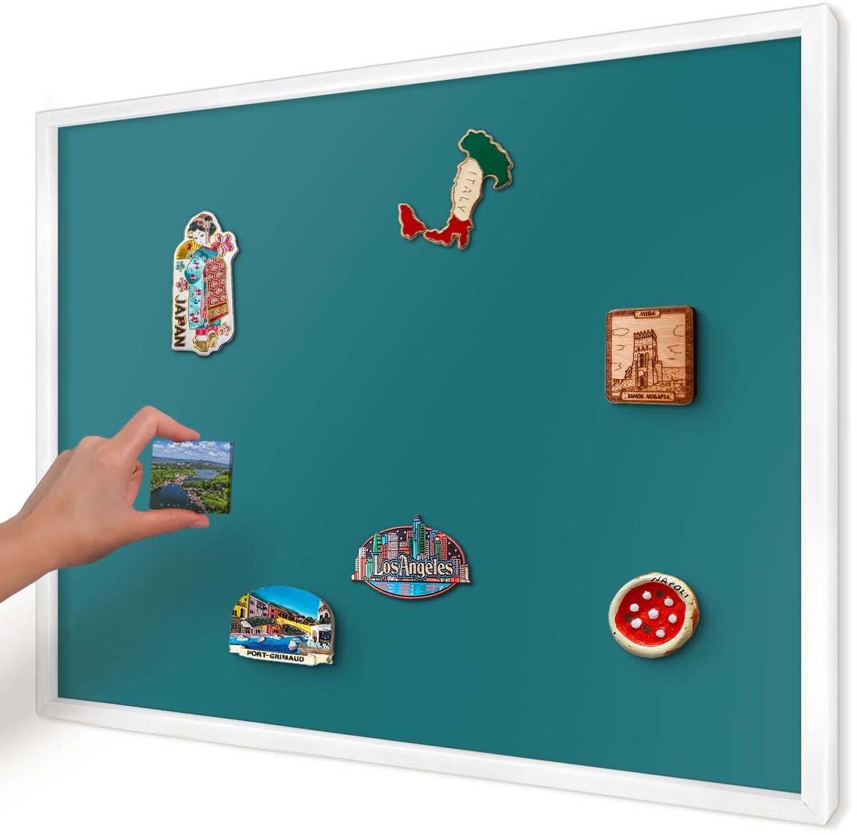 Artprintcave Turkoois Magneetbord mit Witte Lijst - 70x50 cm - Donker Turkoois Magneetbord Voor Keuken - Minimalist Memobord Keuken - Achtergronden En Patronen