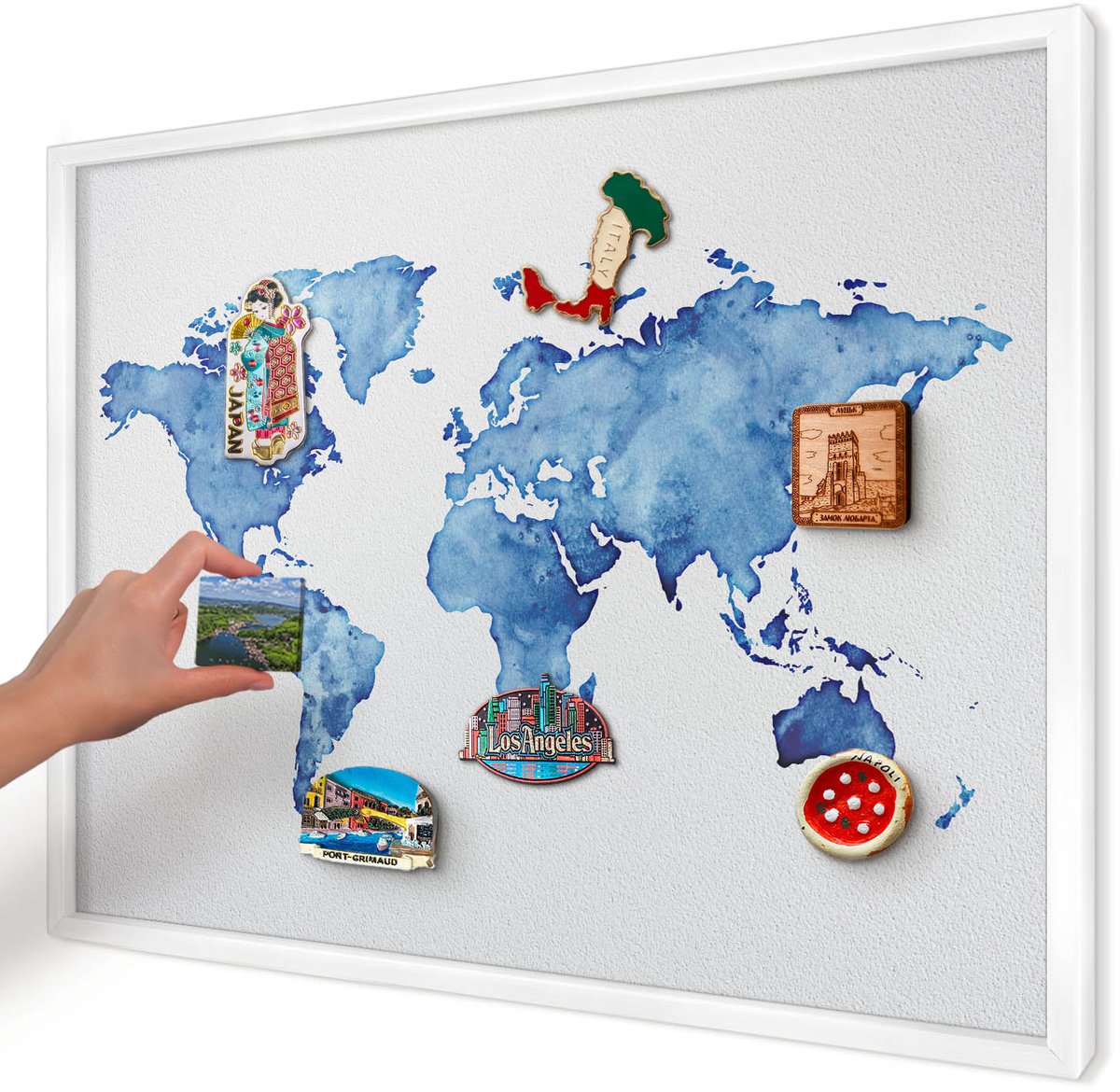 Artprintcave Blauw Magneetbord mit Witte Lijst - 70x50 cm - Aquarelkaart Magnetisch Bord Voor Magneten - Waterverf Magneetbord Voor Keuken - Kaarten