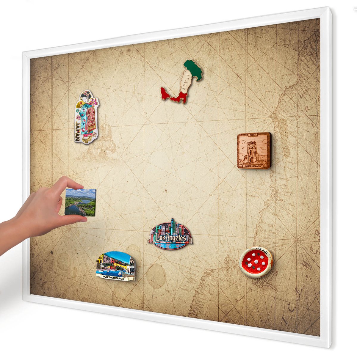 Artprintcave Beige Magneetbord mit Witte Lijst - 80x60 cm - Oude Kaart Magneetbord Voor Keuken - Vintage Magneet Bord mit Frame - Kaarten