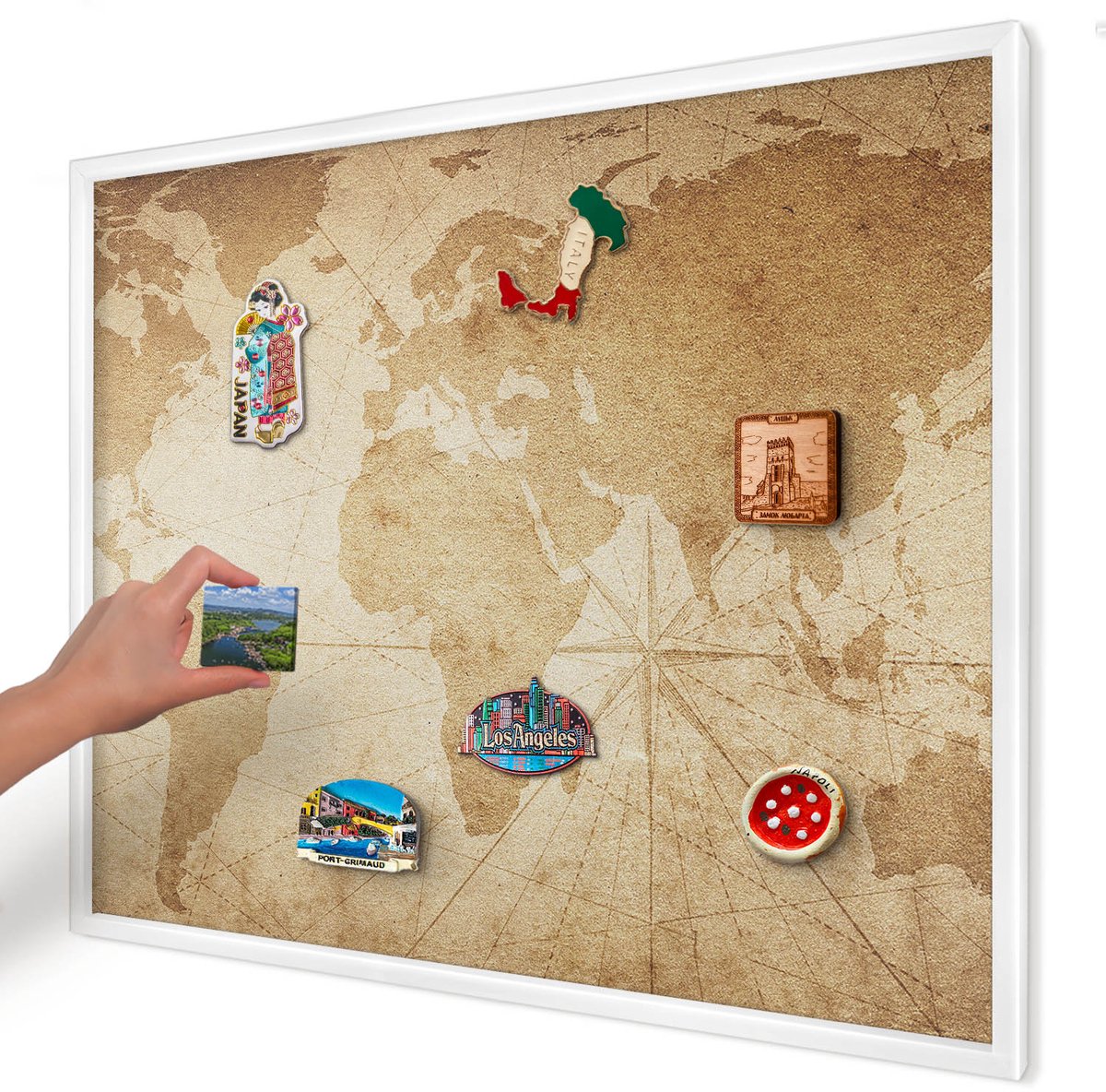Artprintcave Beige Magneetbord mit Witte Lijst - 80x60 cm - Oude Kaart Magneet Bord mit Frame - Vintage Memobord Keuken - Kaarten